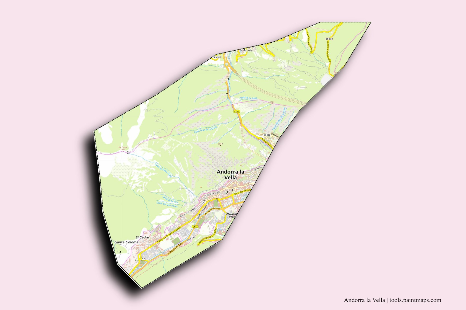 Andorra la Vella and counties map with 3D shadow effect