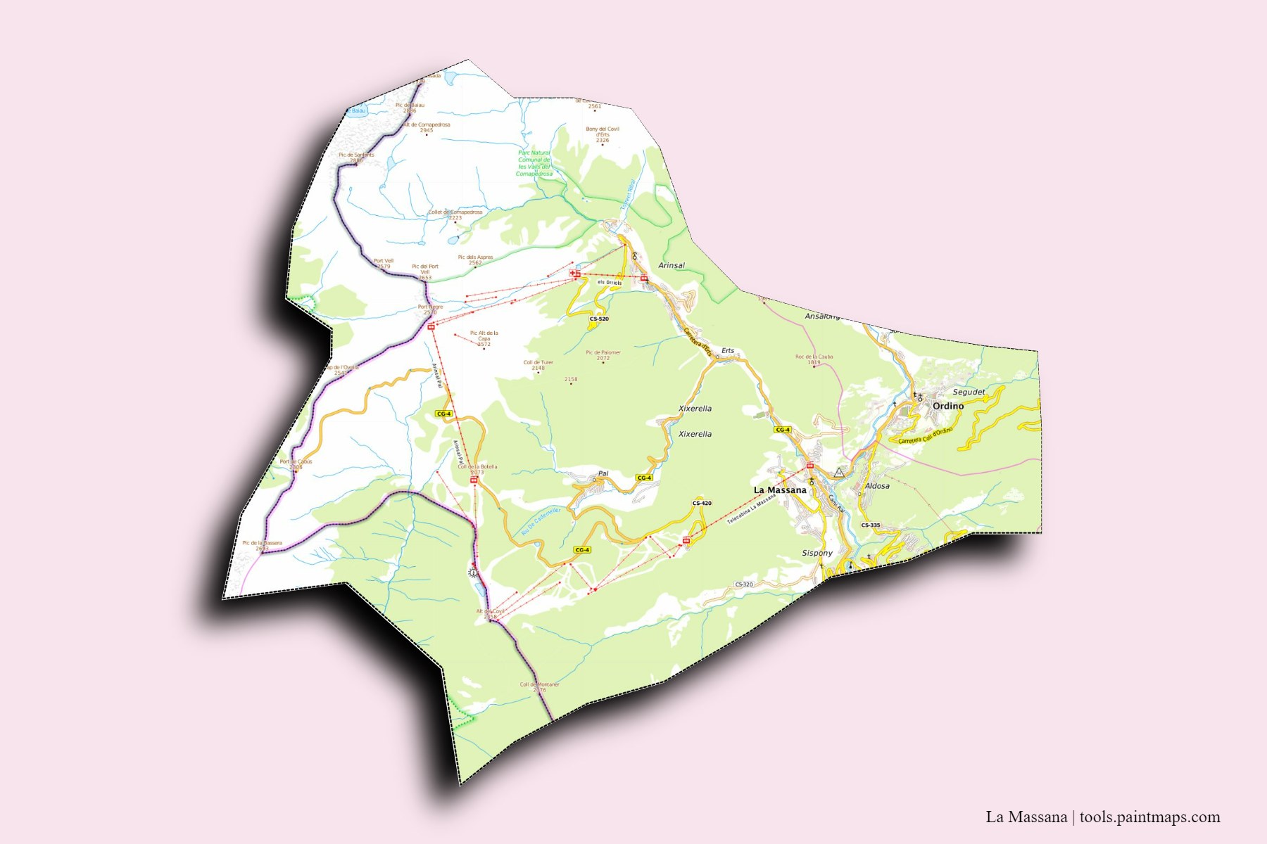 3D gölge efektli La Massana ve ilçeleri haritası