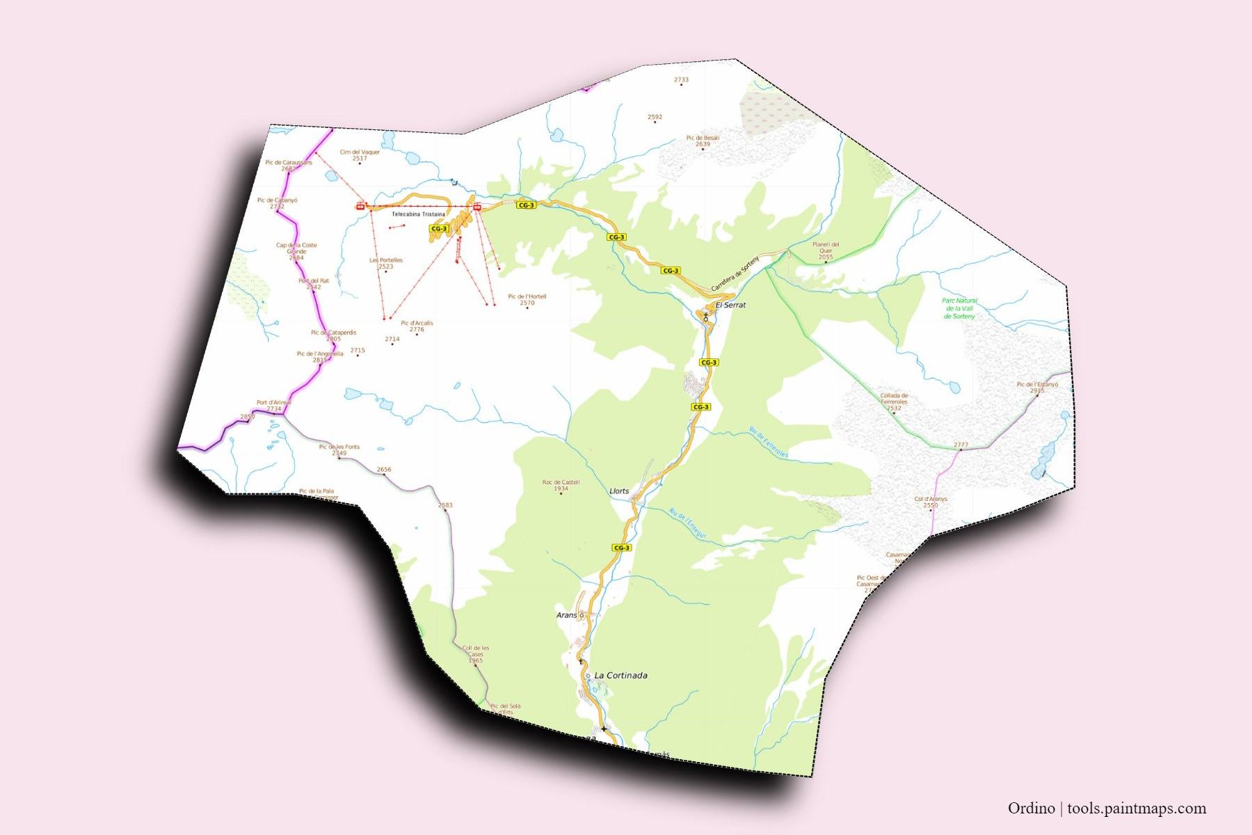 Mapa de Ordino y sus distritos con efecto de sombra 3D