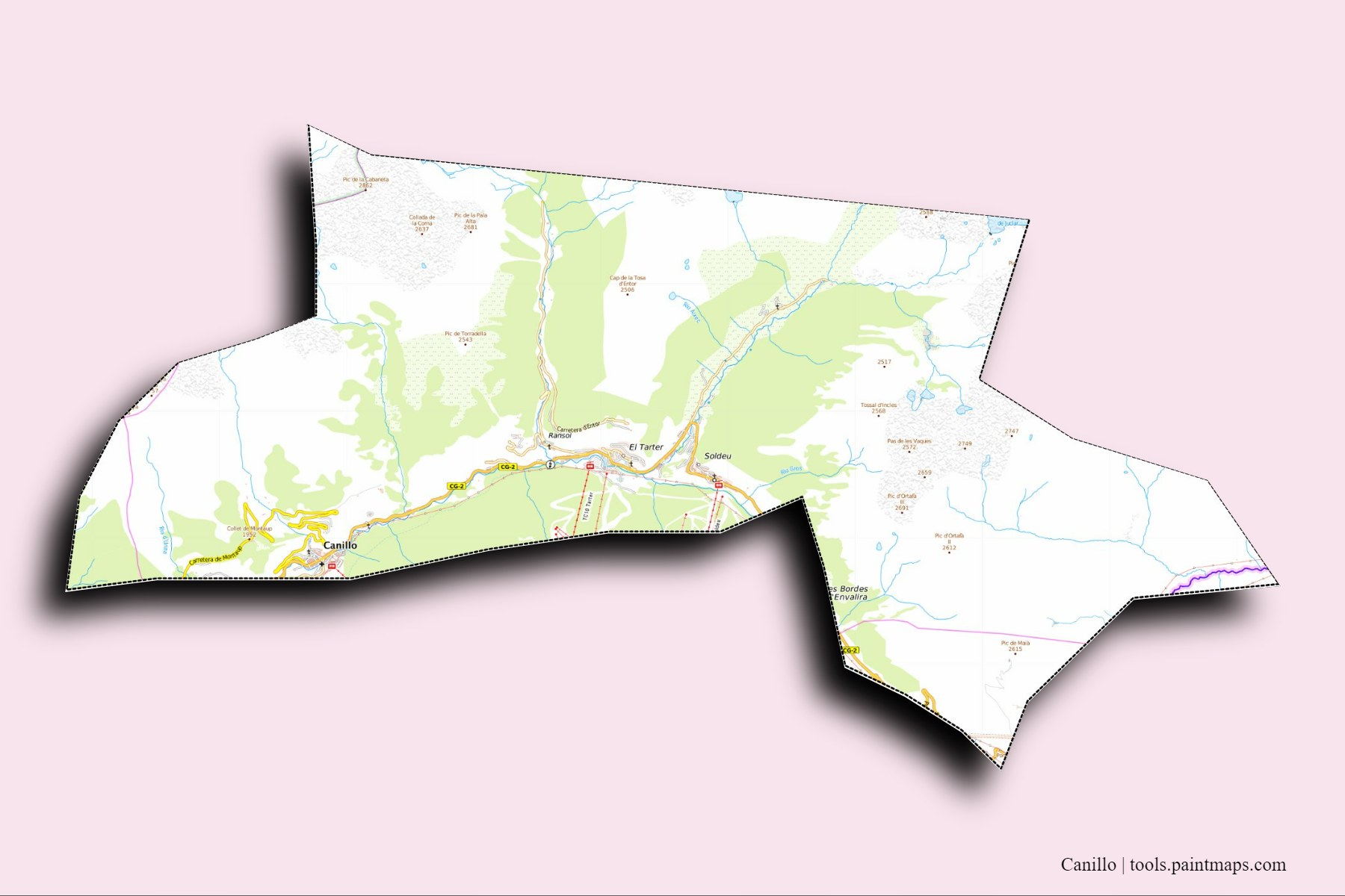 Canillo and counties map with 3D shadow effect