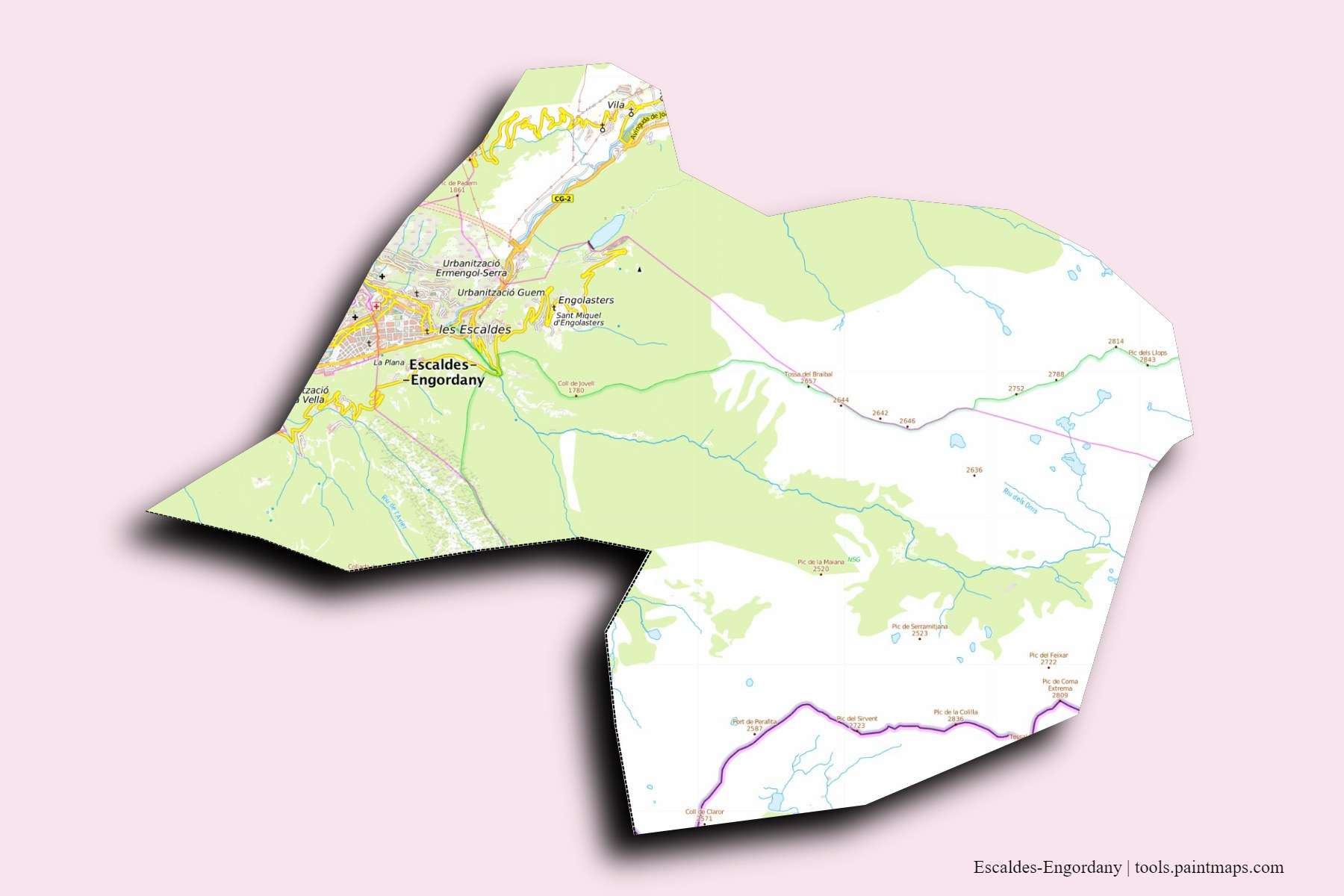 3D gölge efektli Escaldes-Engordany ve ilçeleri haritası