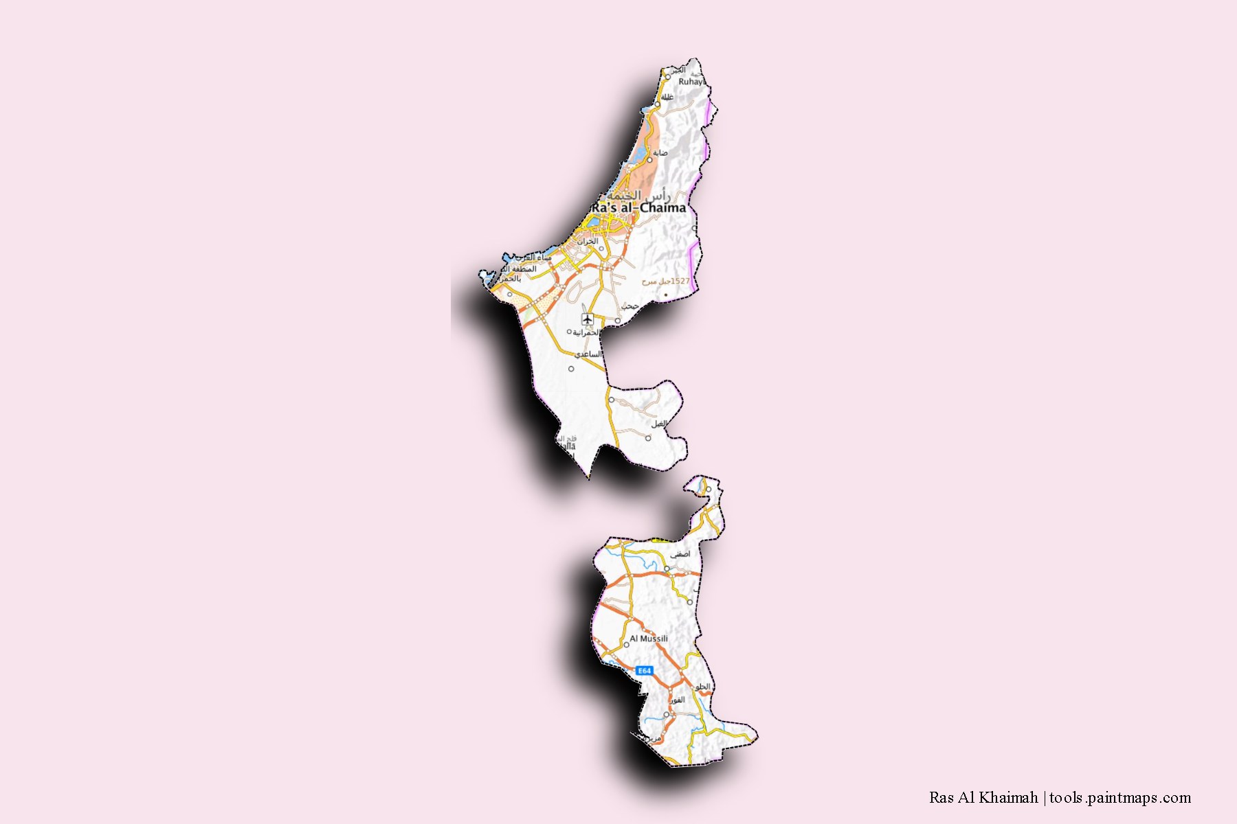 Mapa de Ras Al Khaimah y sus distritos con efecto de sombra 3D