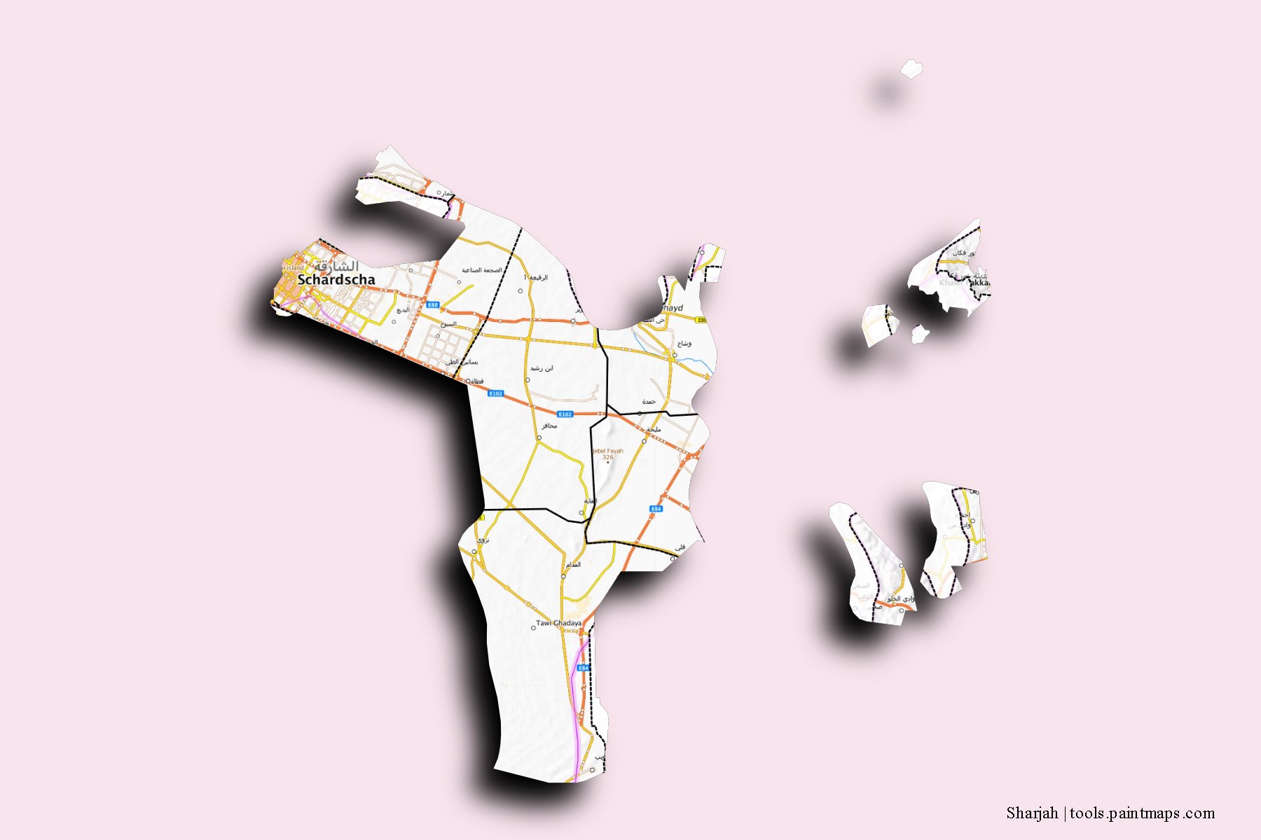 Sharjah and counties map with 3D shadow effect