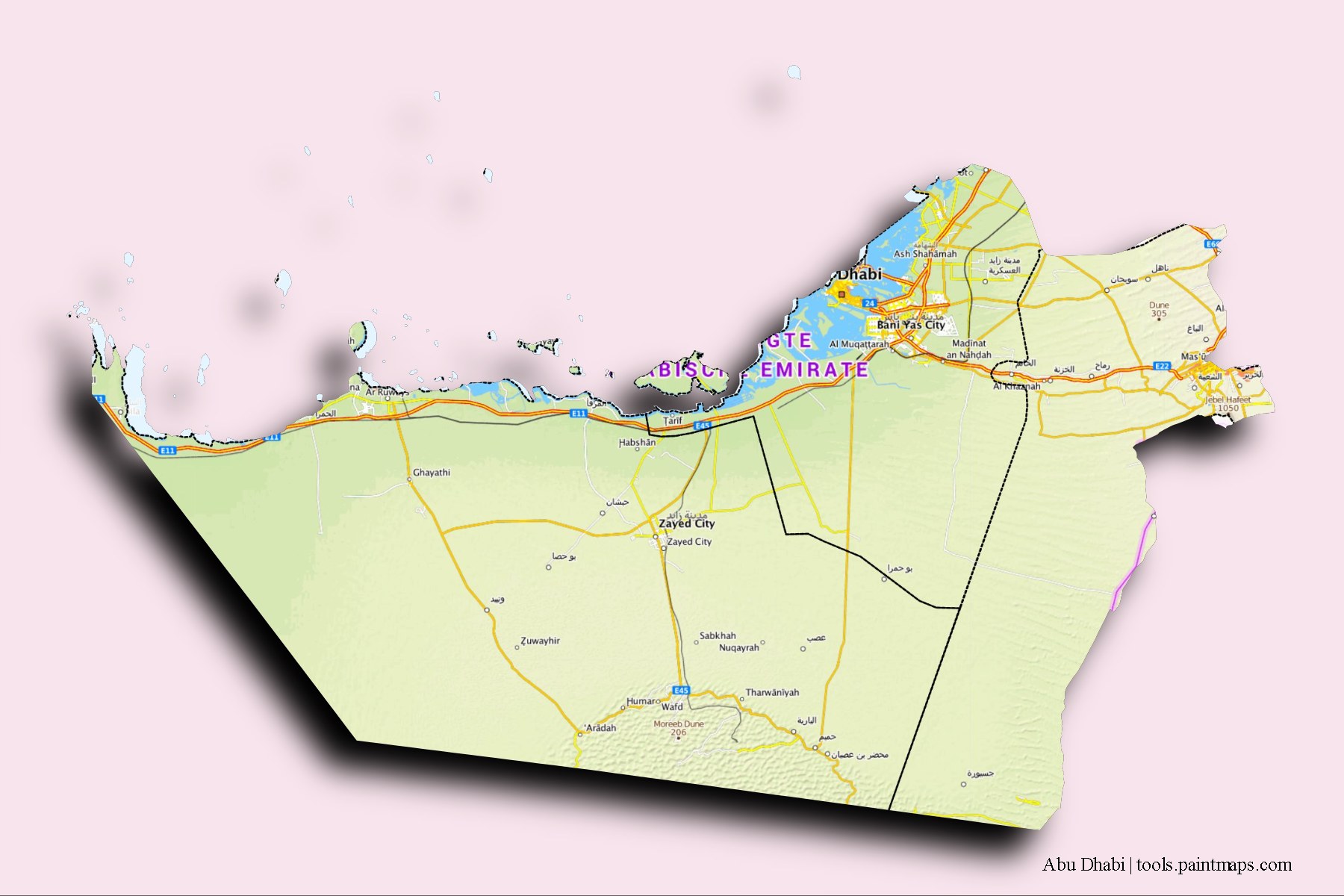 Mapa de Abu Dhabi y sus distritos con efecto de sombra 3D