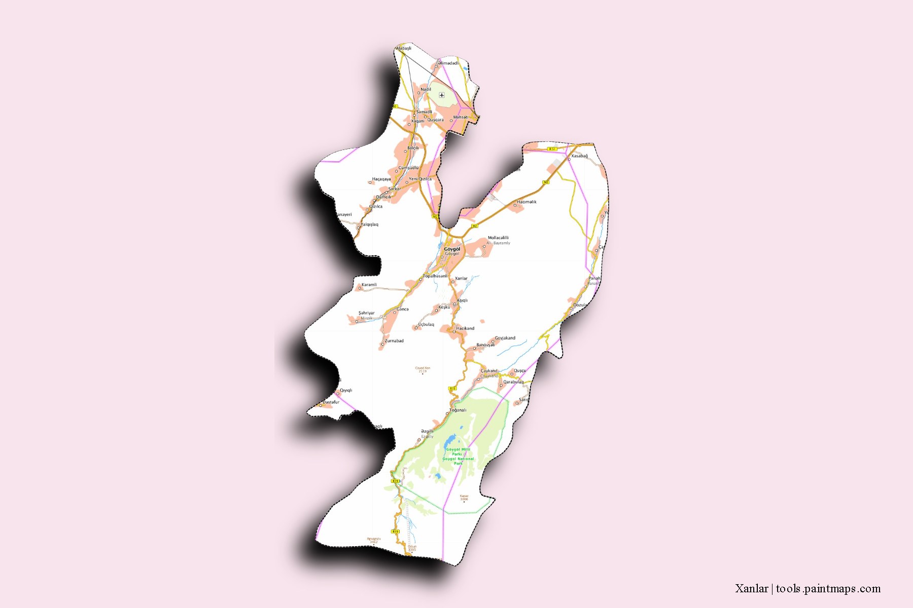 Xanlar and counties map with 3D shadow effect