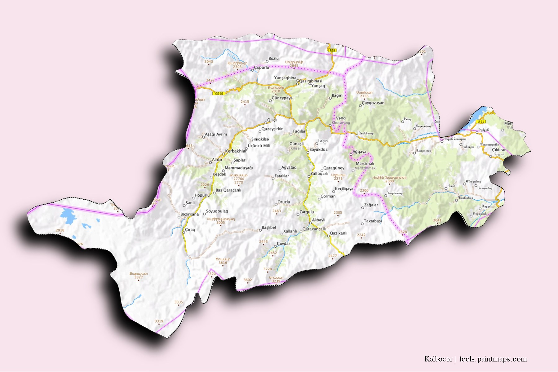 Kalbacar and counties map with 3D shadow effect