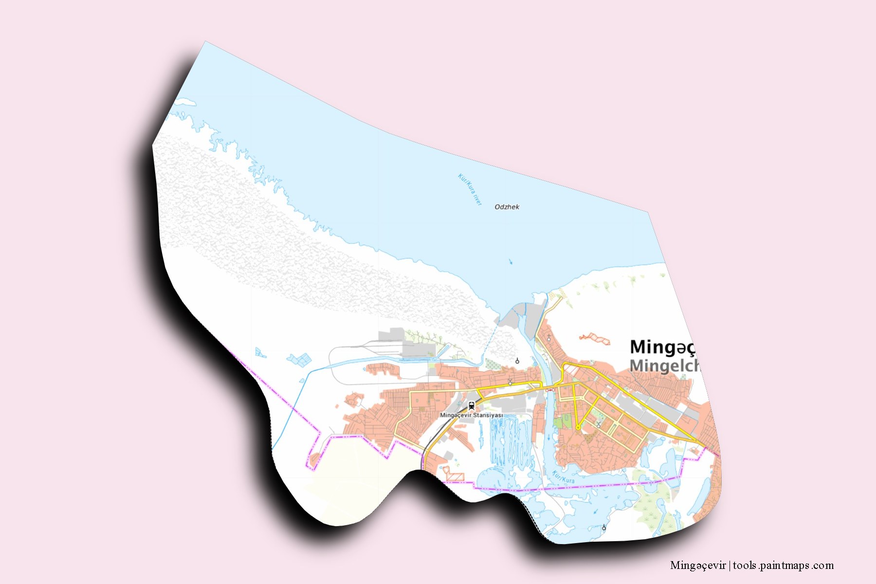 Mapa de Mingəçevir y sus distritos con efecto de sombra 3D