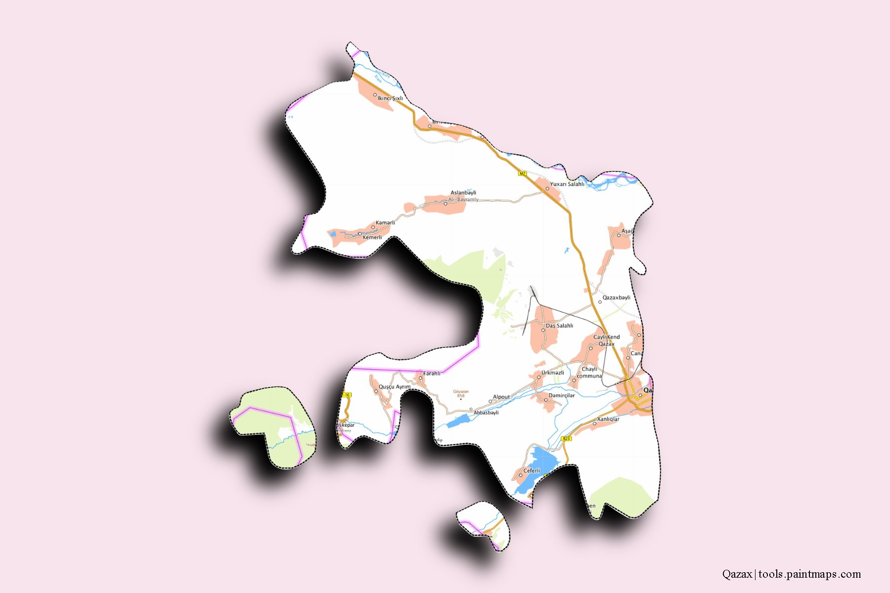 Qazax and counties map with 3D shadow effect