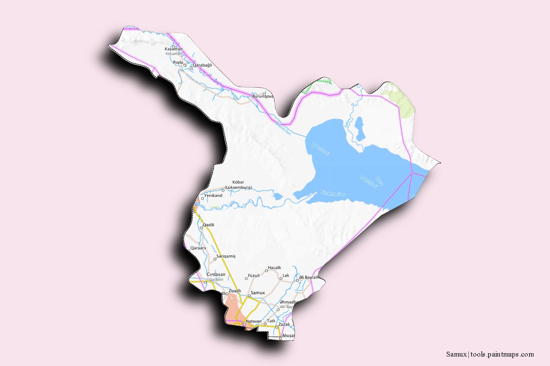 Samux and counties map with 3D shadow effect