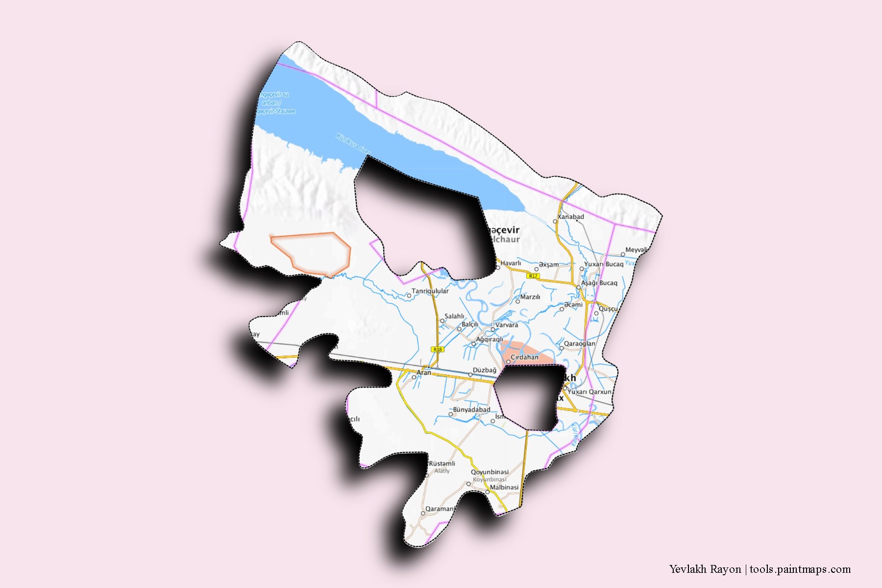 Yevlax and counties map with 3D shadow effect