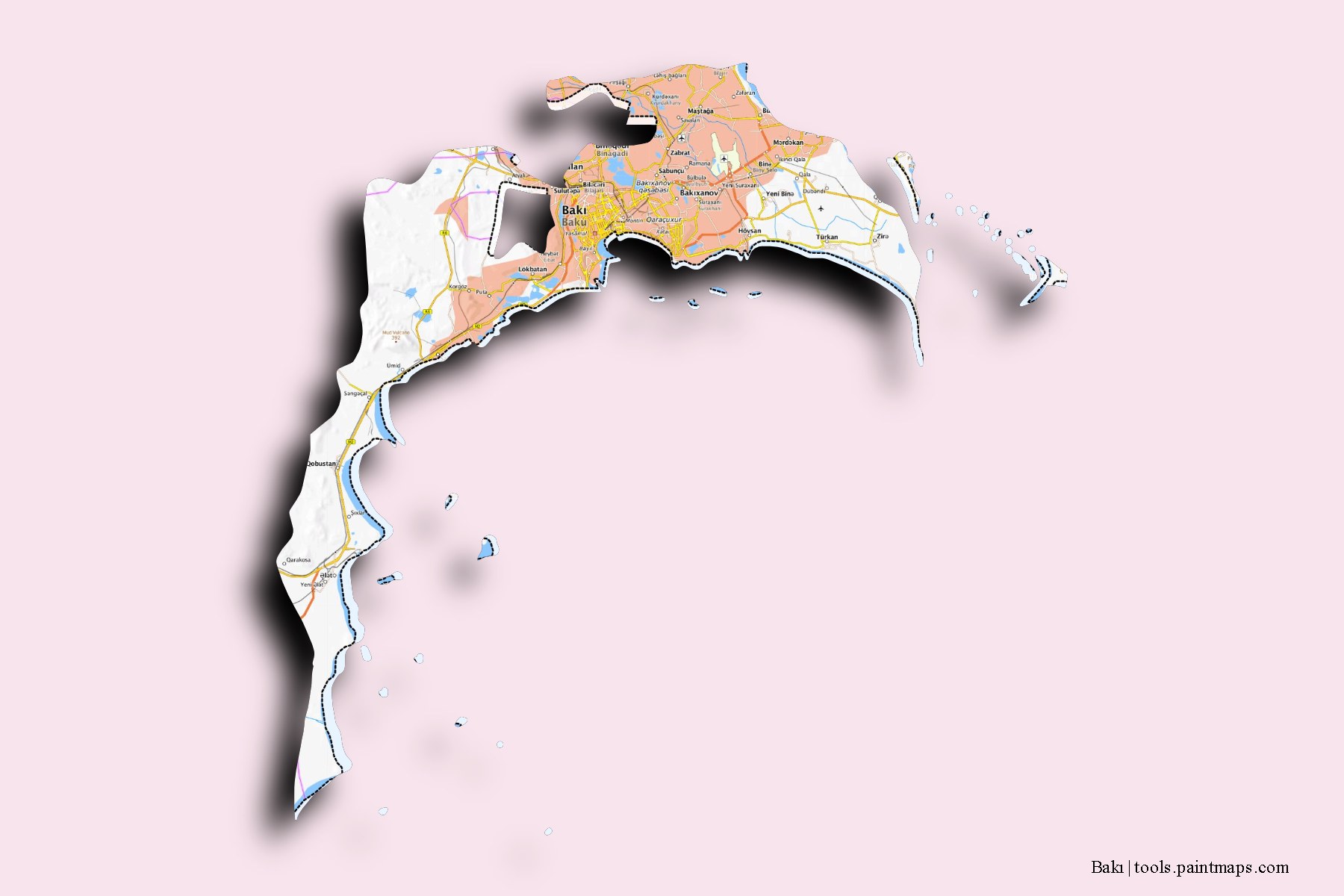 Baki and counties map with 3D shadow effect