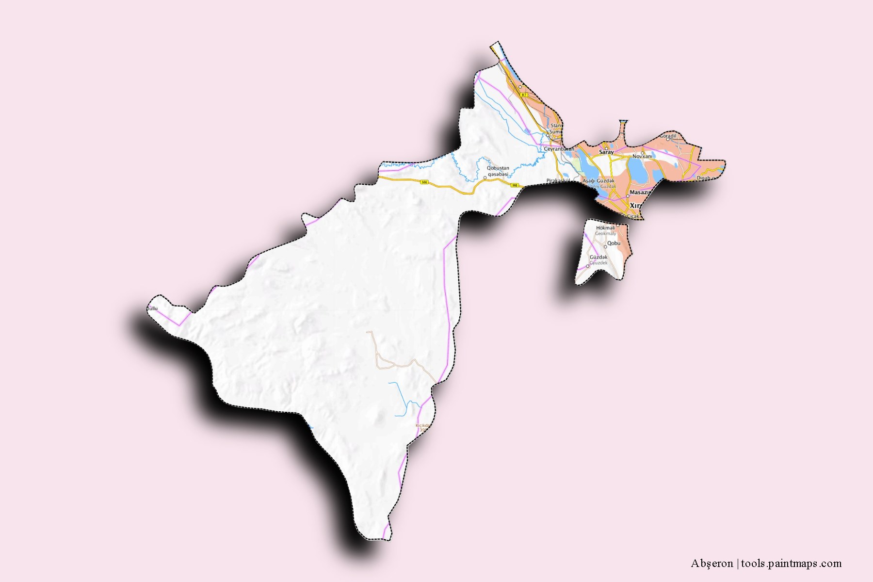 Mapa de Abşeron y sus distritos con efecto de sombra 3D