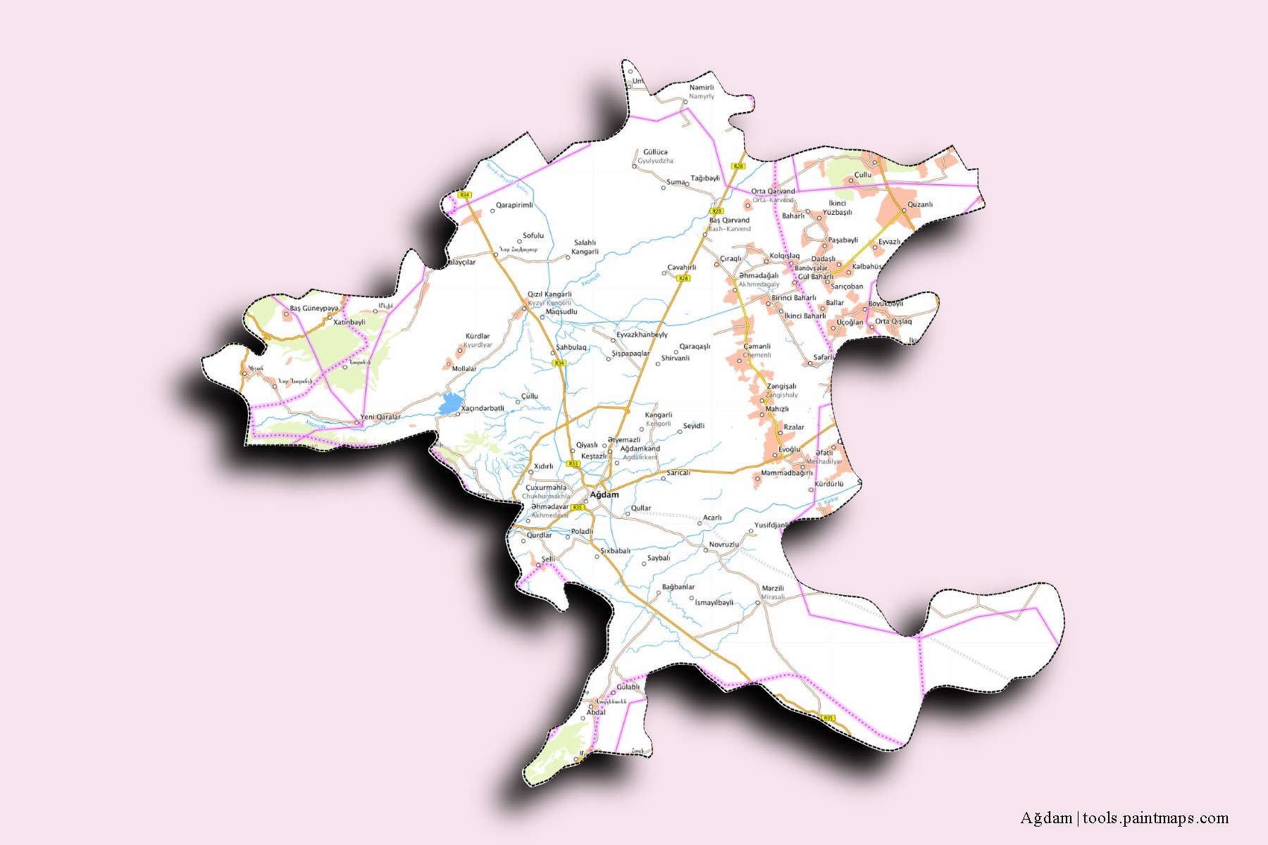 3D gölge efektli Ağdam Rayonu ve ilçeleri haritası