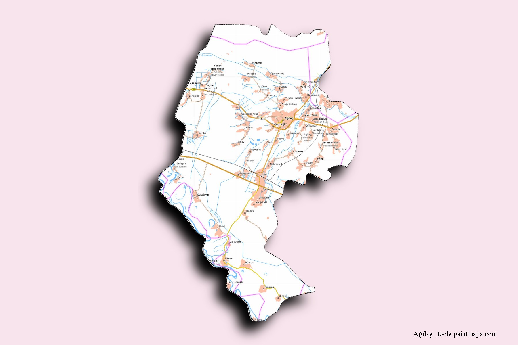 3D gölge efektli Ağdaş Rayonu ve ilçeleri haritası