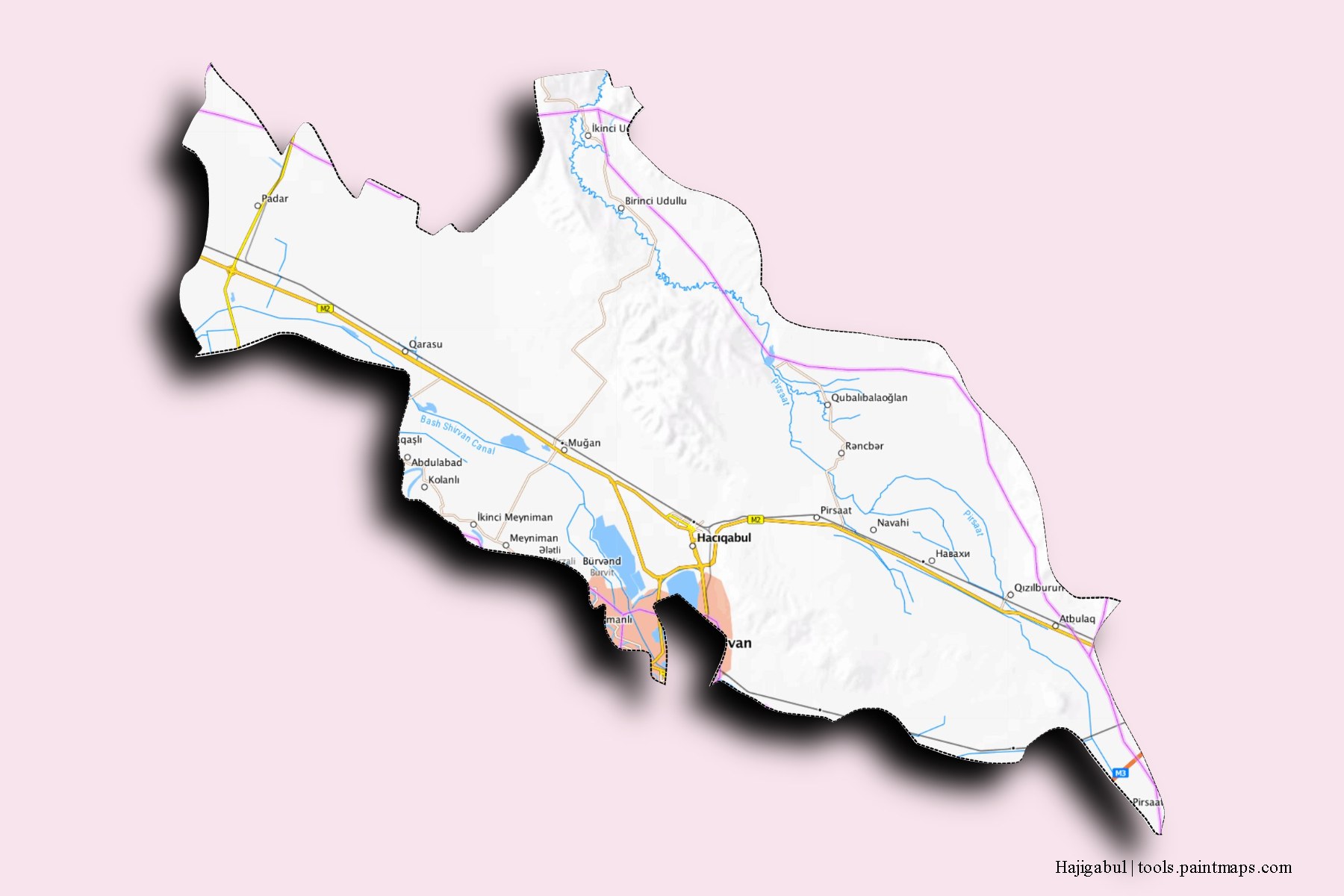 Haciqabul and counties map with 3D shadow effect