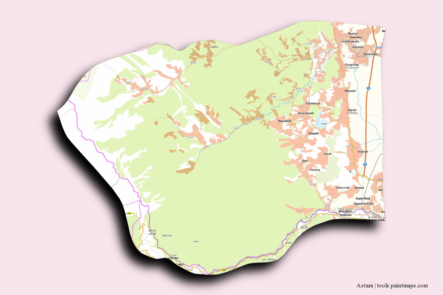 Astara and counties map with 3D shadow effect