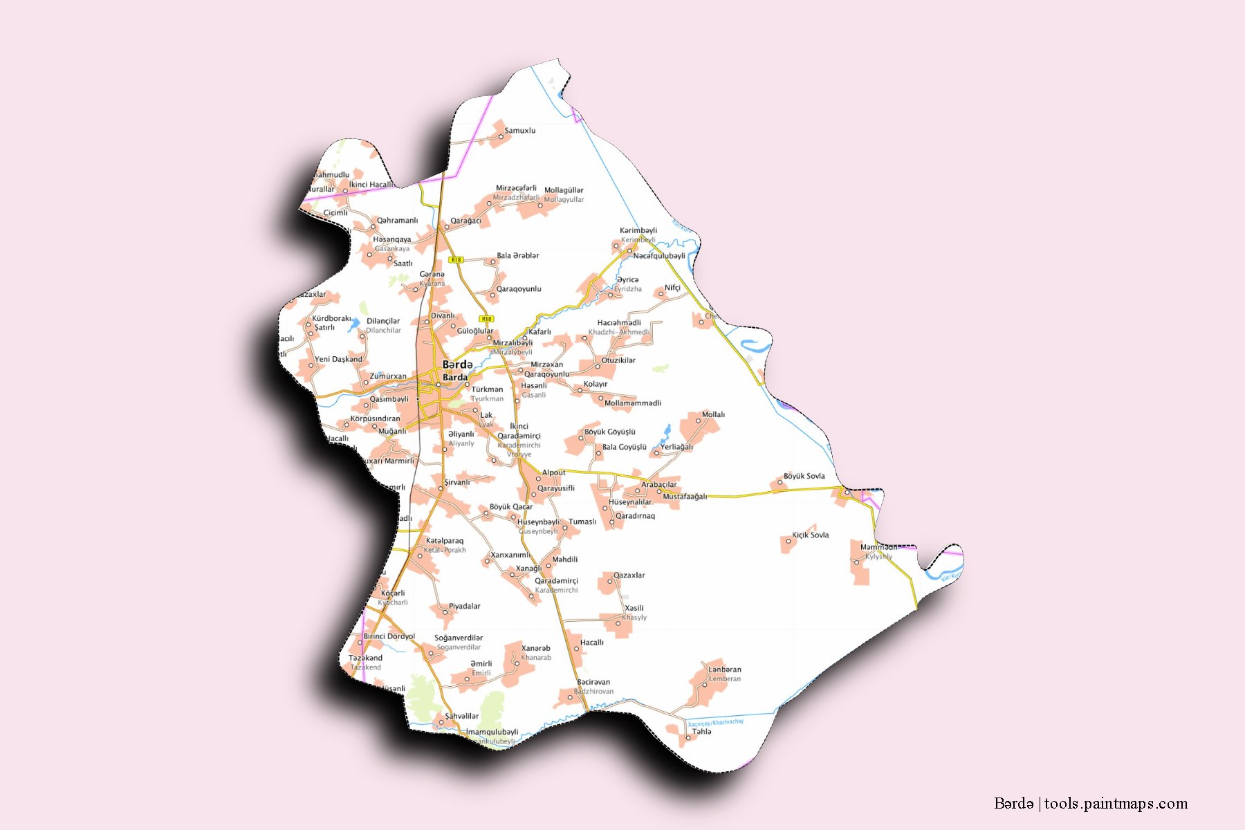 Mapa de Bərdə y sus distritos con efecto de sombra 3D