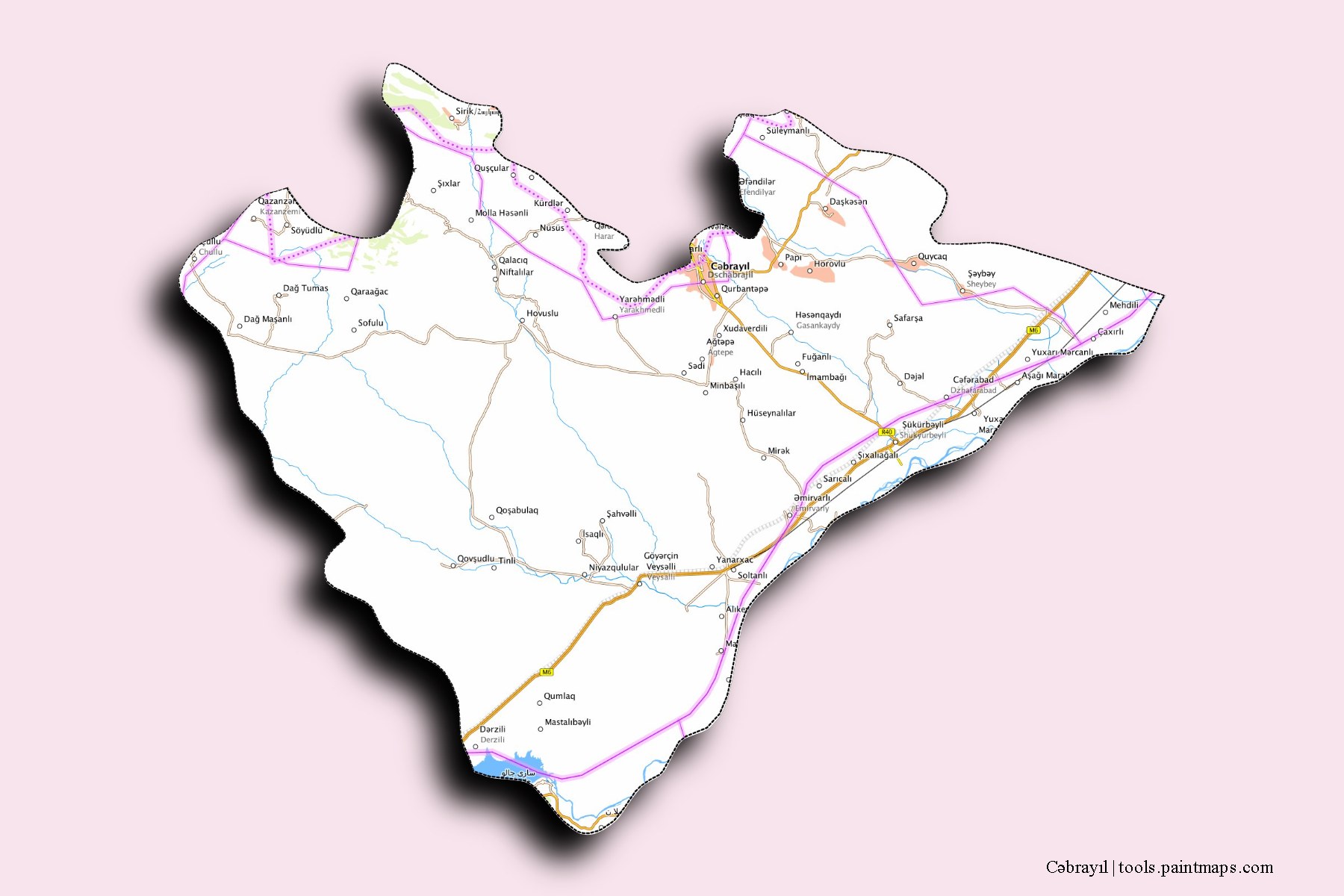 Mapa de Cəbrayıl y sus distritos con efecto de sombra 3D