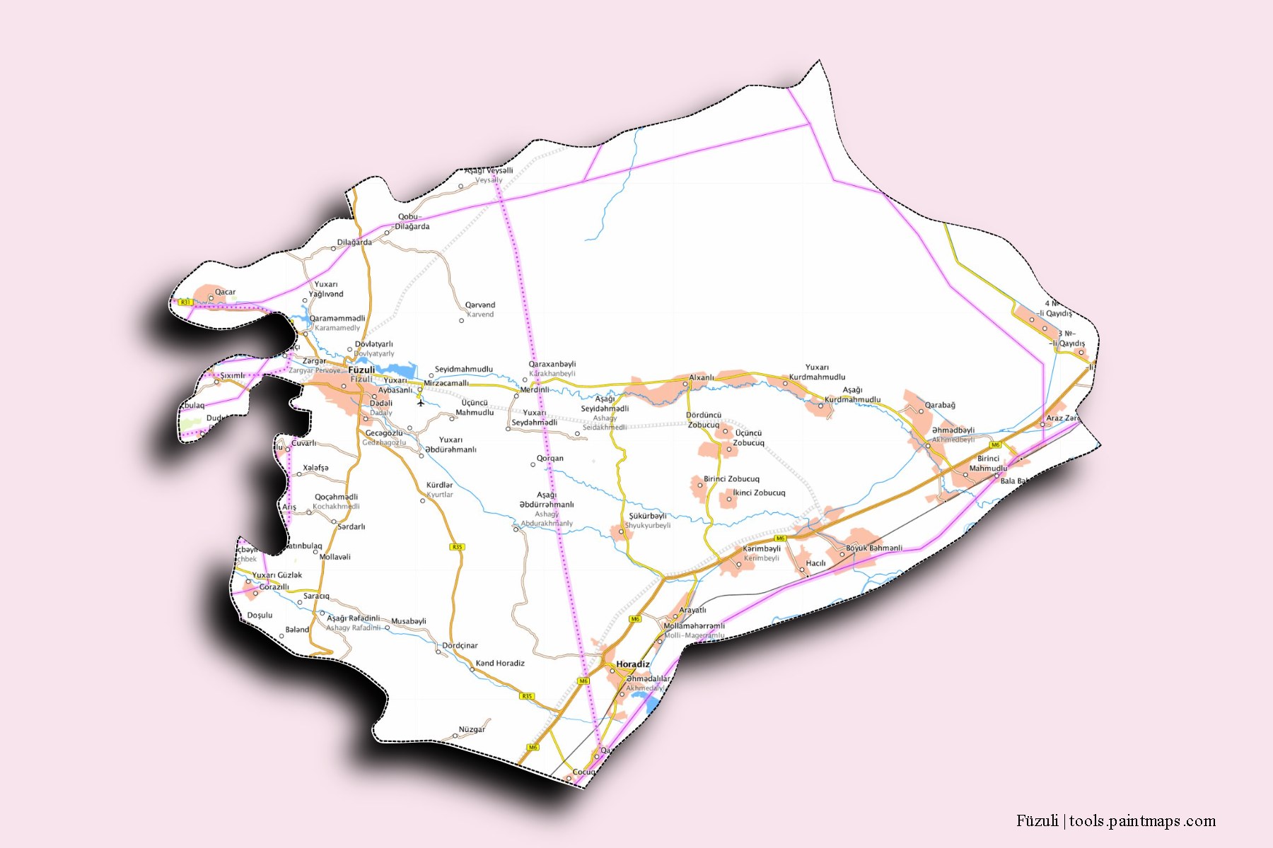 Mapa de Füzuli y sus distritos con efecto de sombra 3D