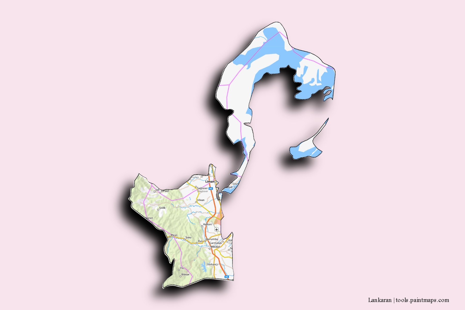 Lankaran and counties map with 3D shadow effect