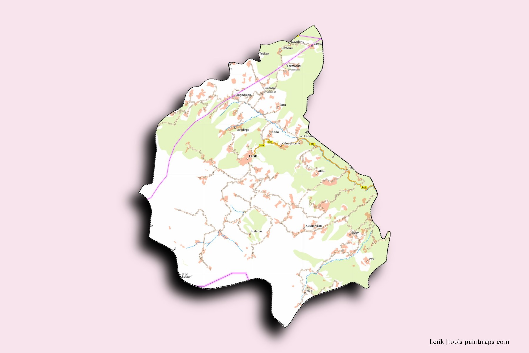 3D gölge efektli Lerik Rayonu ve ilçeleri haritası