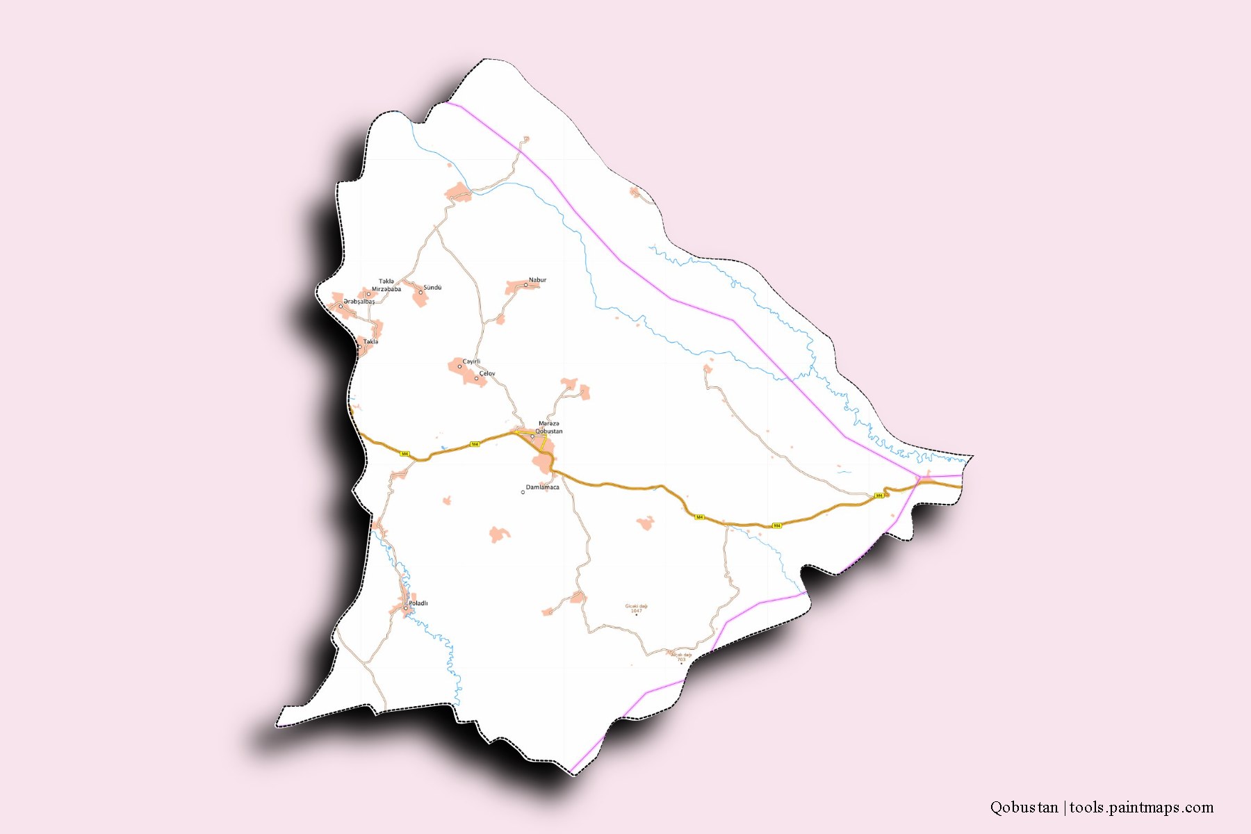 Qobustan and counties map with 3D shadow effect