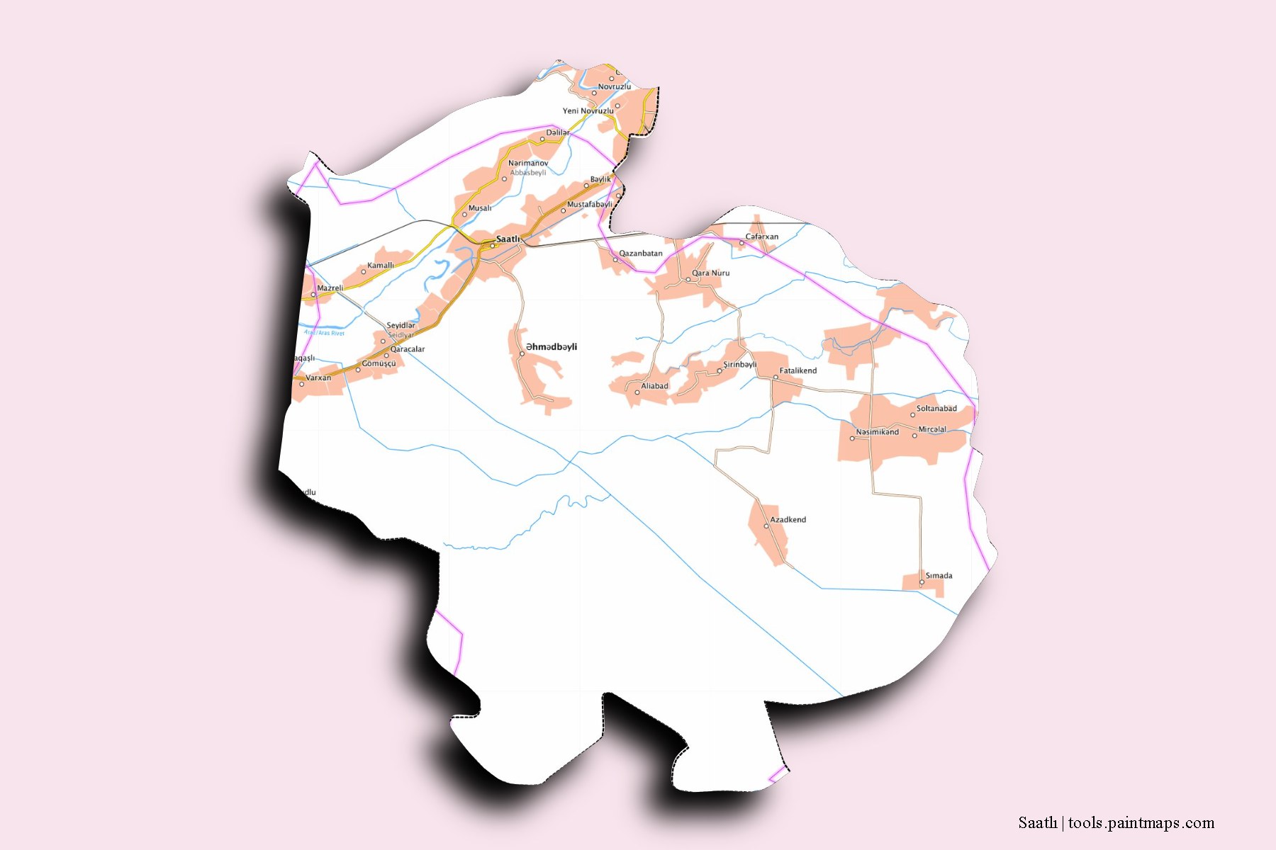 Saatli and counties map with 3D shadow effect