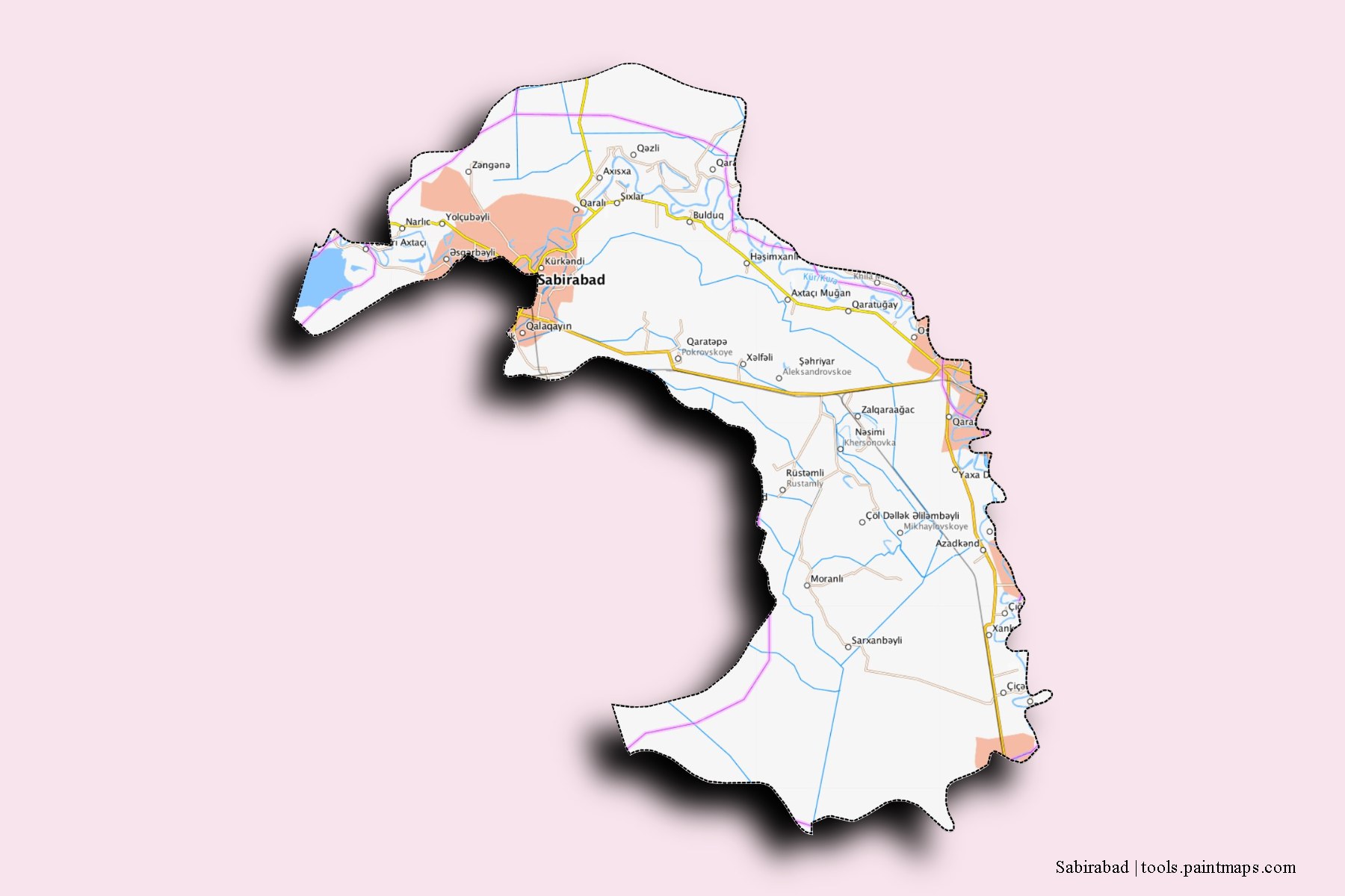 Sabirabad and counties map with 3D shadow effect