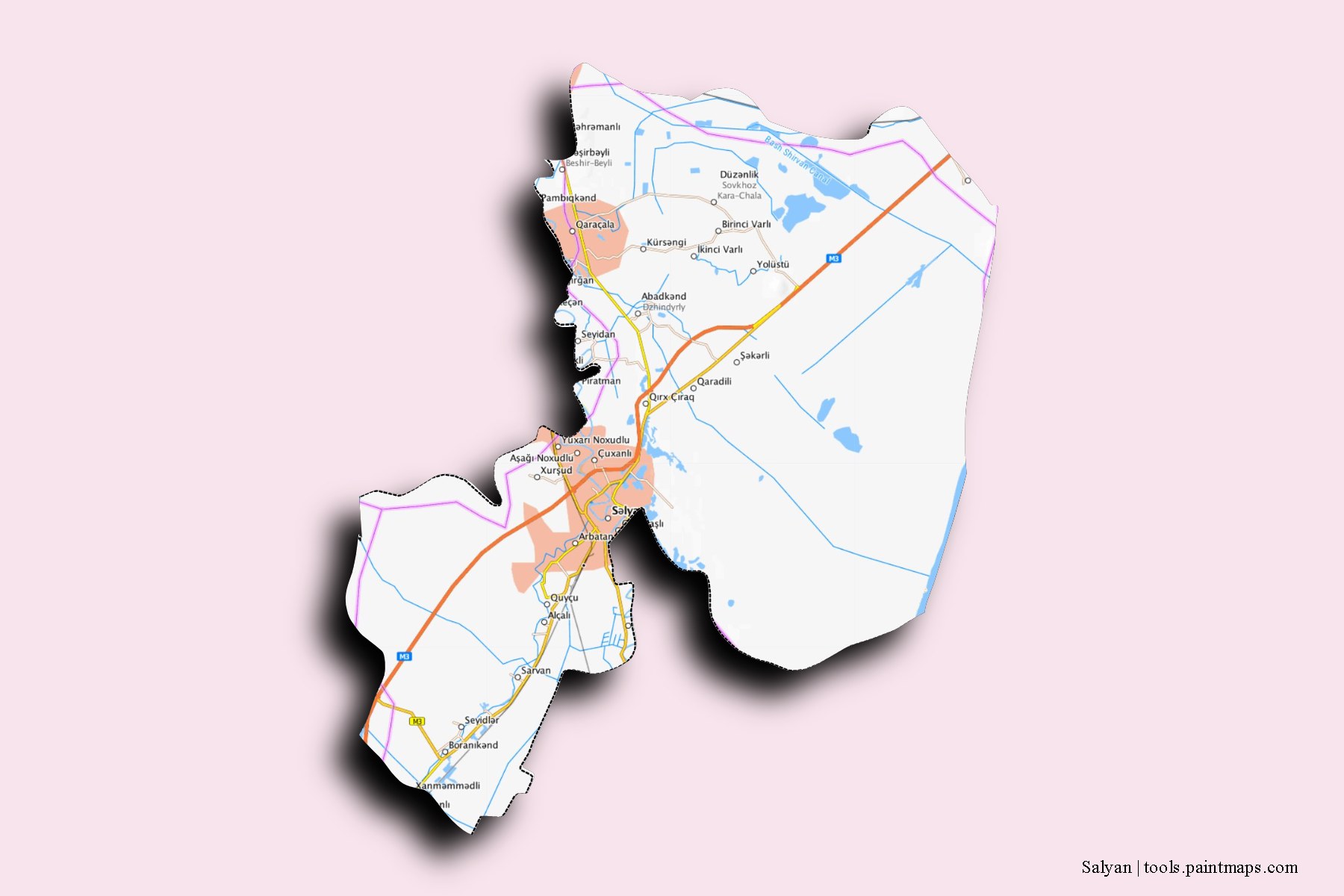 Salyan and counties map with 3D shadow effect