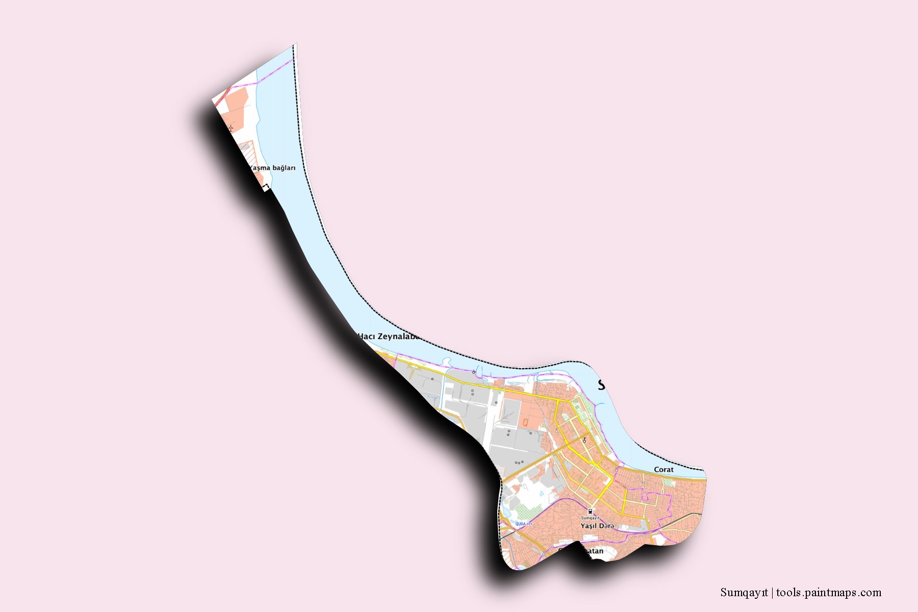 Mapa de Sumqayıt y sus distritos con efecto de sombra 3D