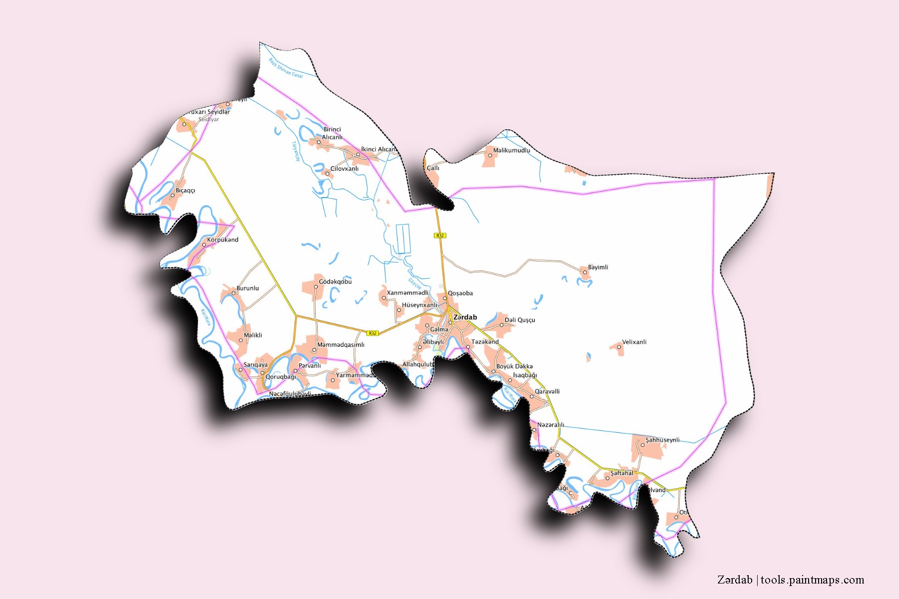 Zardab and counties map with 3D shadow effect