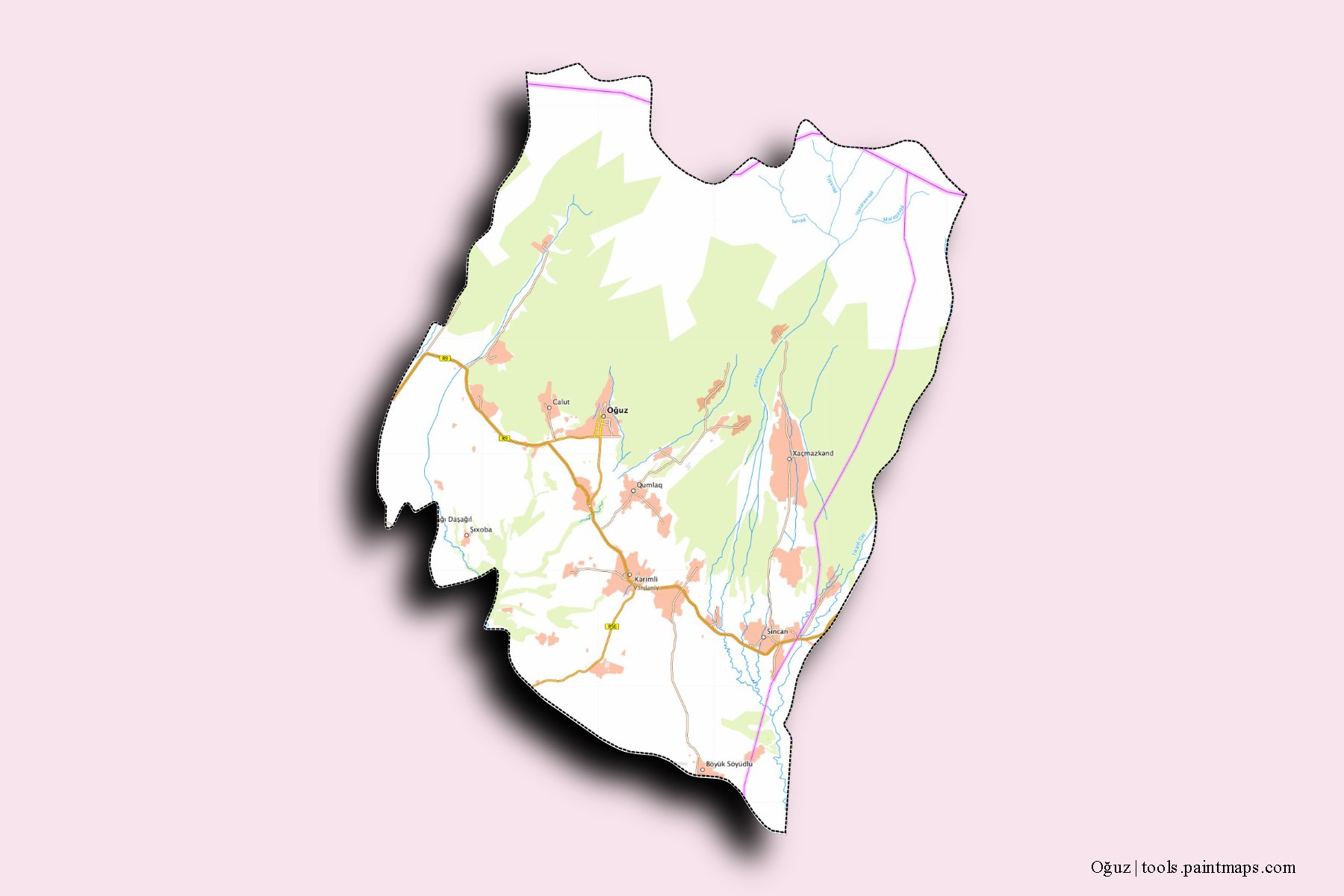 3D gölge efektli Oğuz Rayonu ve ilçeleri haritası