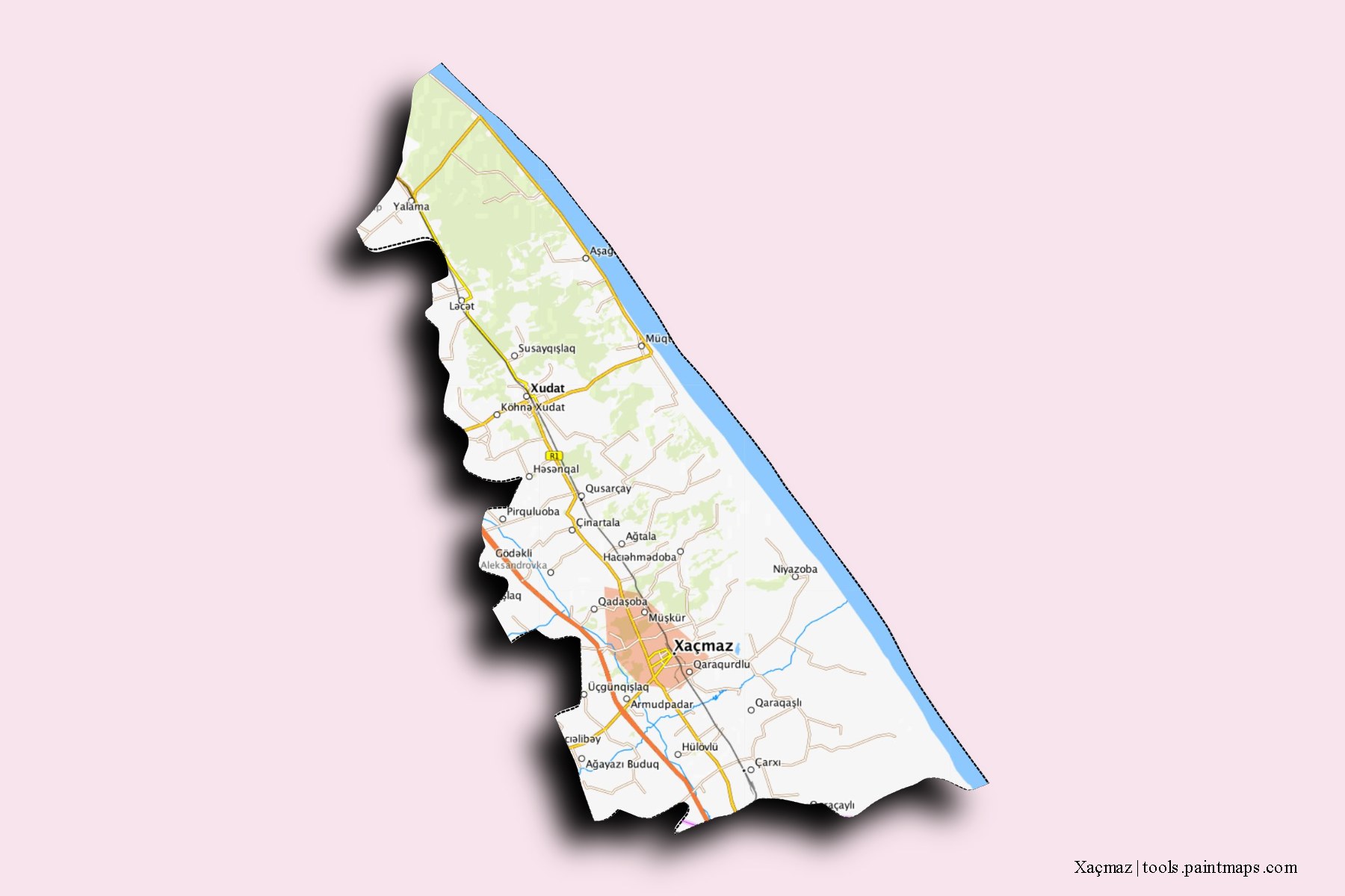 Xacmaz and counties map with 3D shadow effect