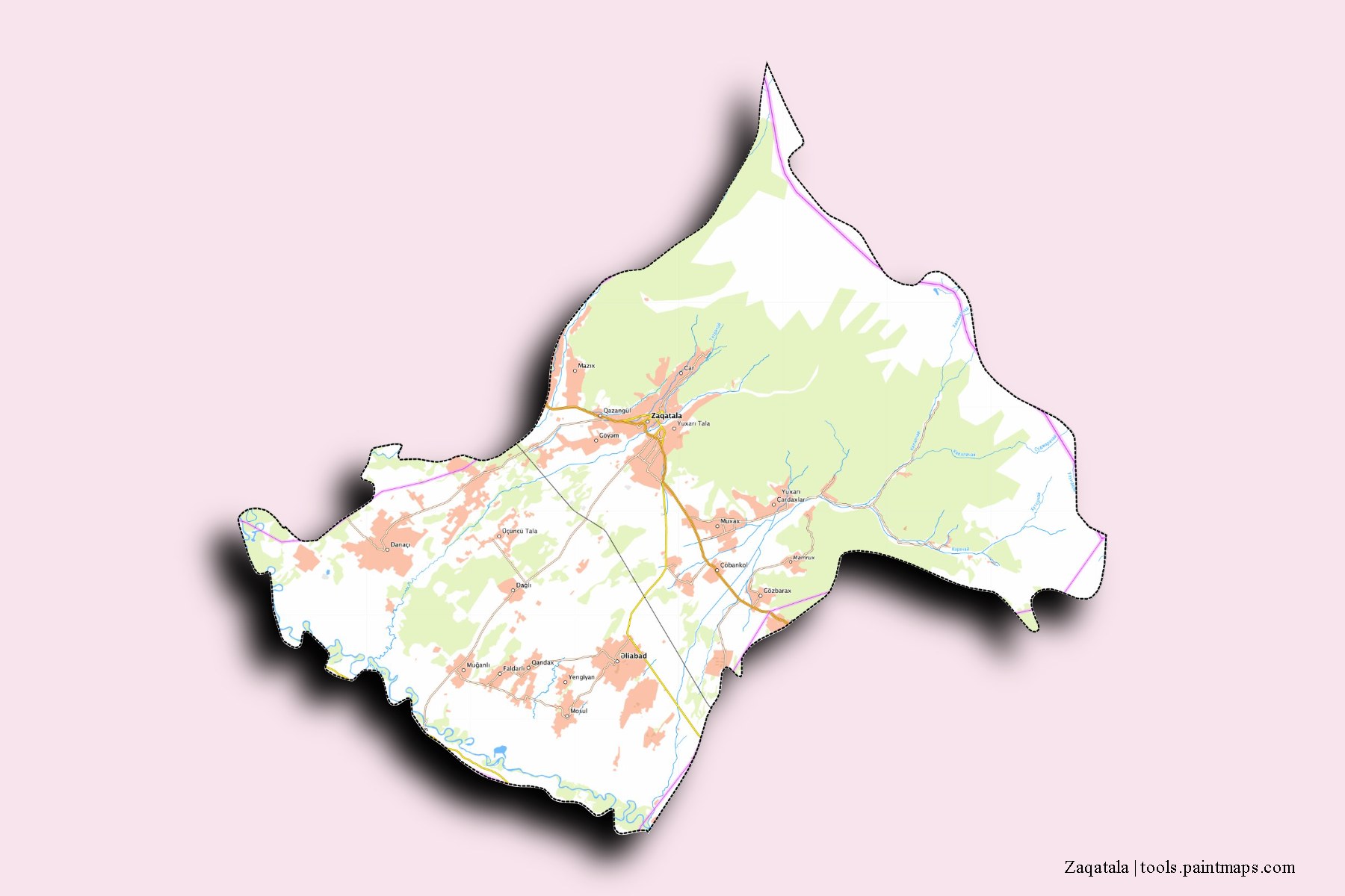 Zaqatala and counties map with 3D shadow effect