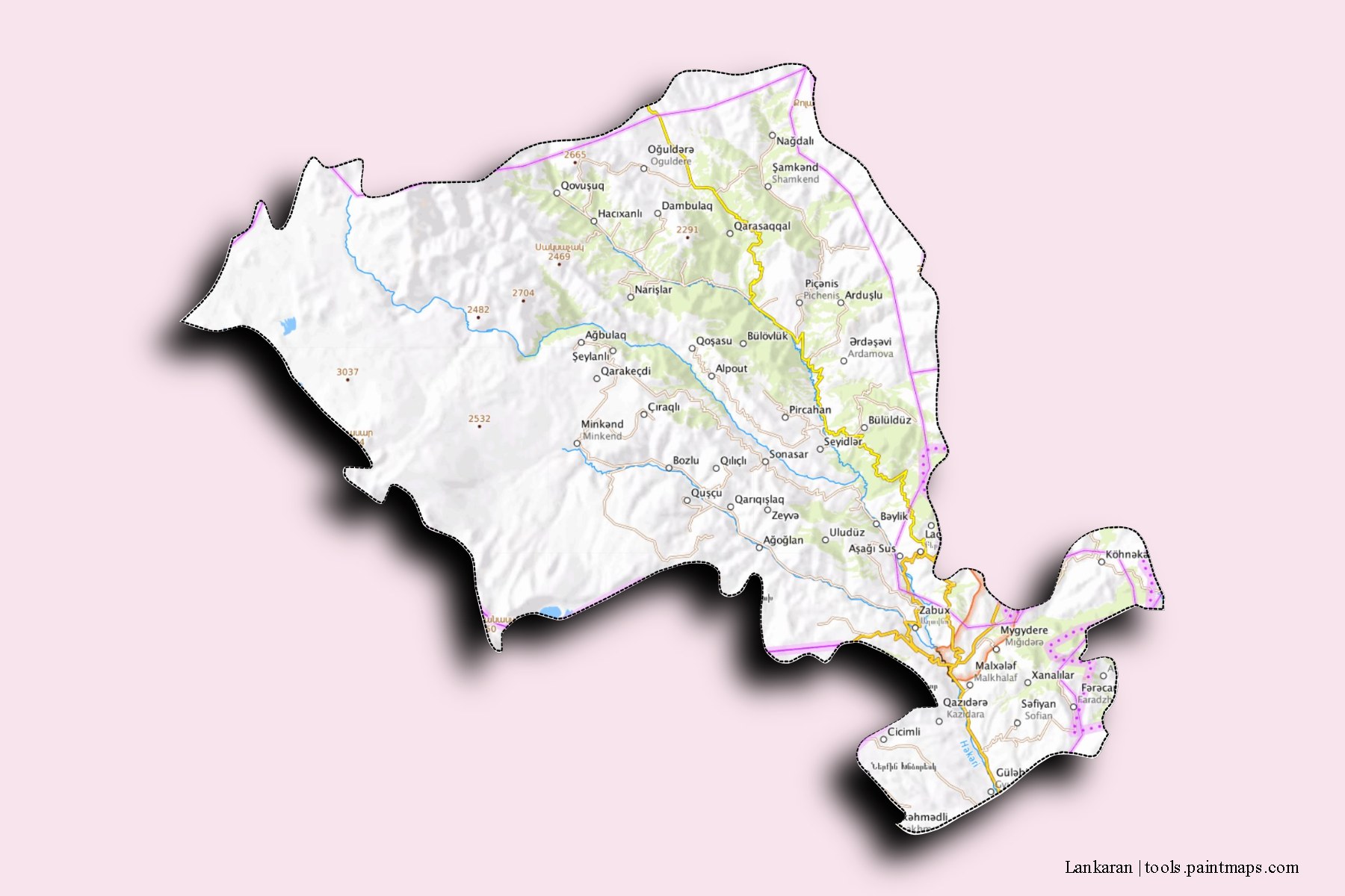 Lankaran and counties map with 3D shadow effect