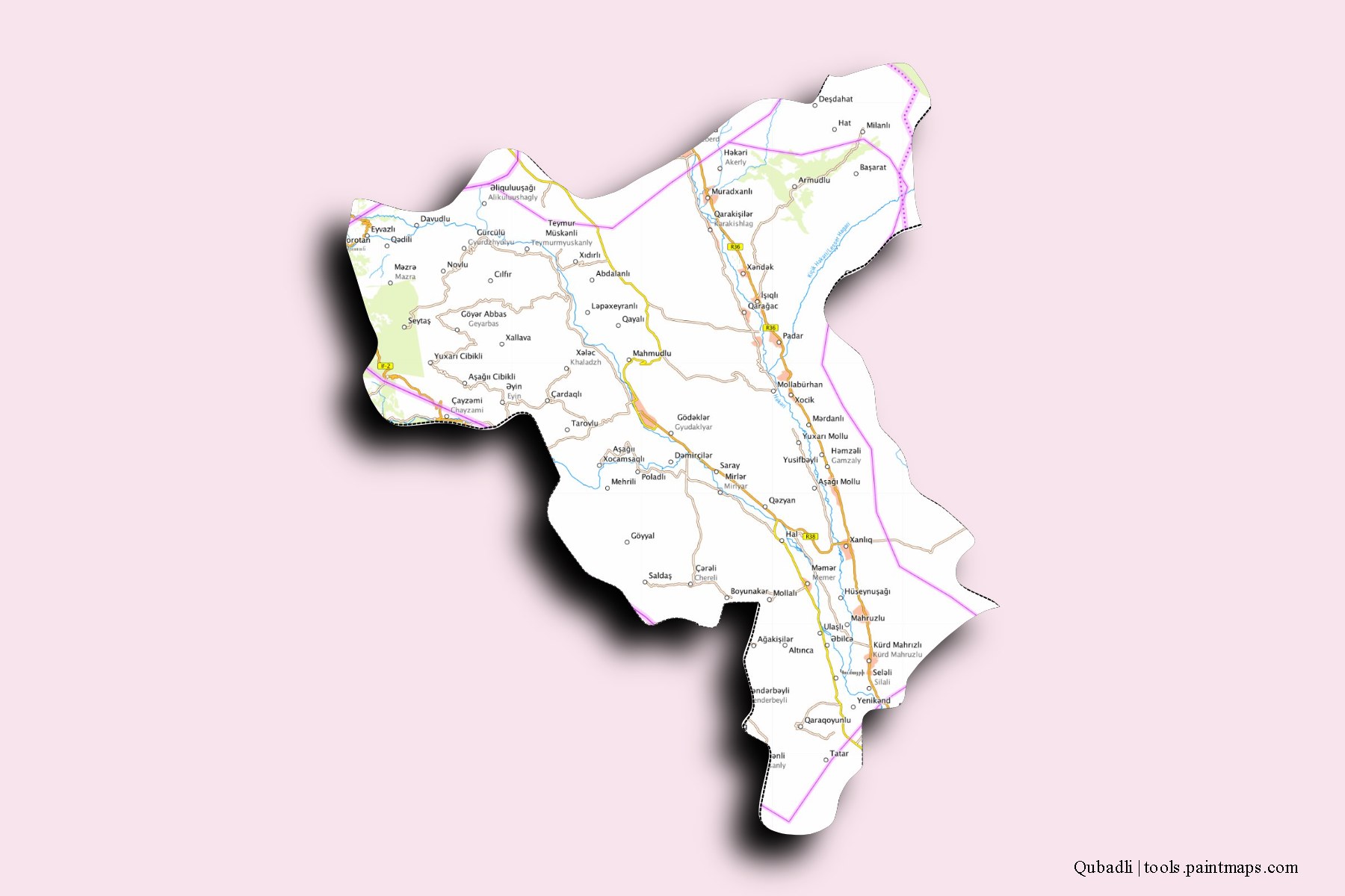 Qubadli and counties map with 3D shadow effect