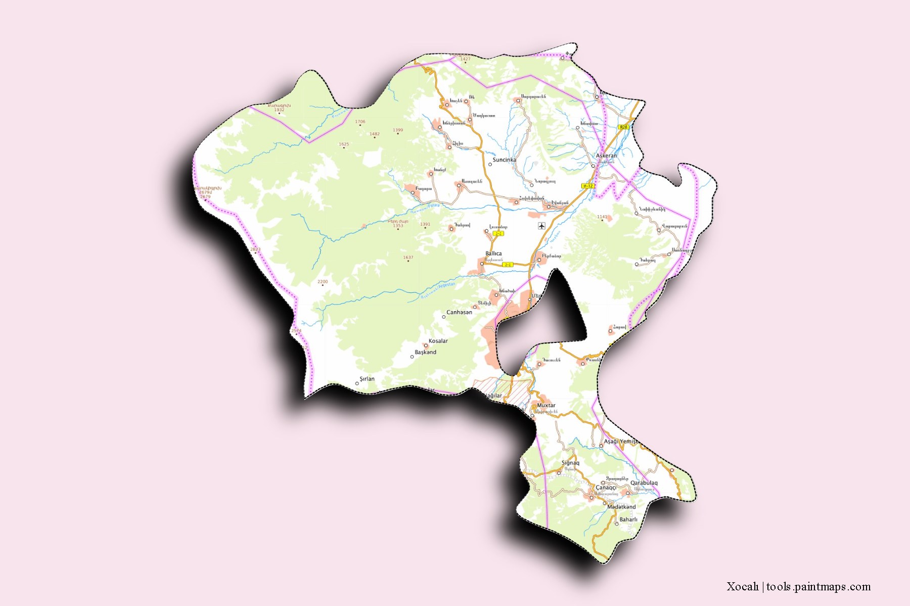 Xocali and counties map with 3D shadow effect