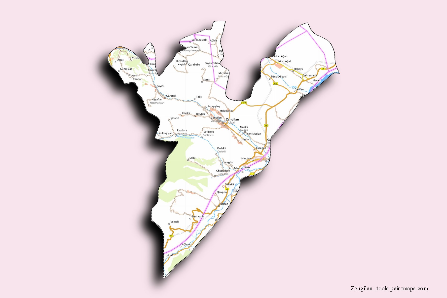 Zangilan and counties map with 3D shadow effect