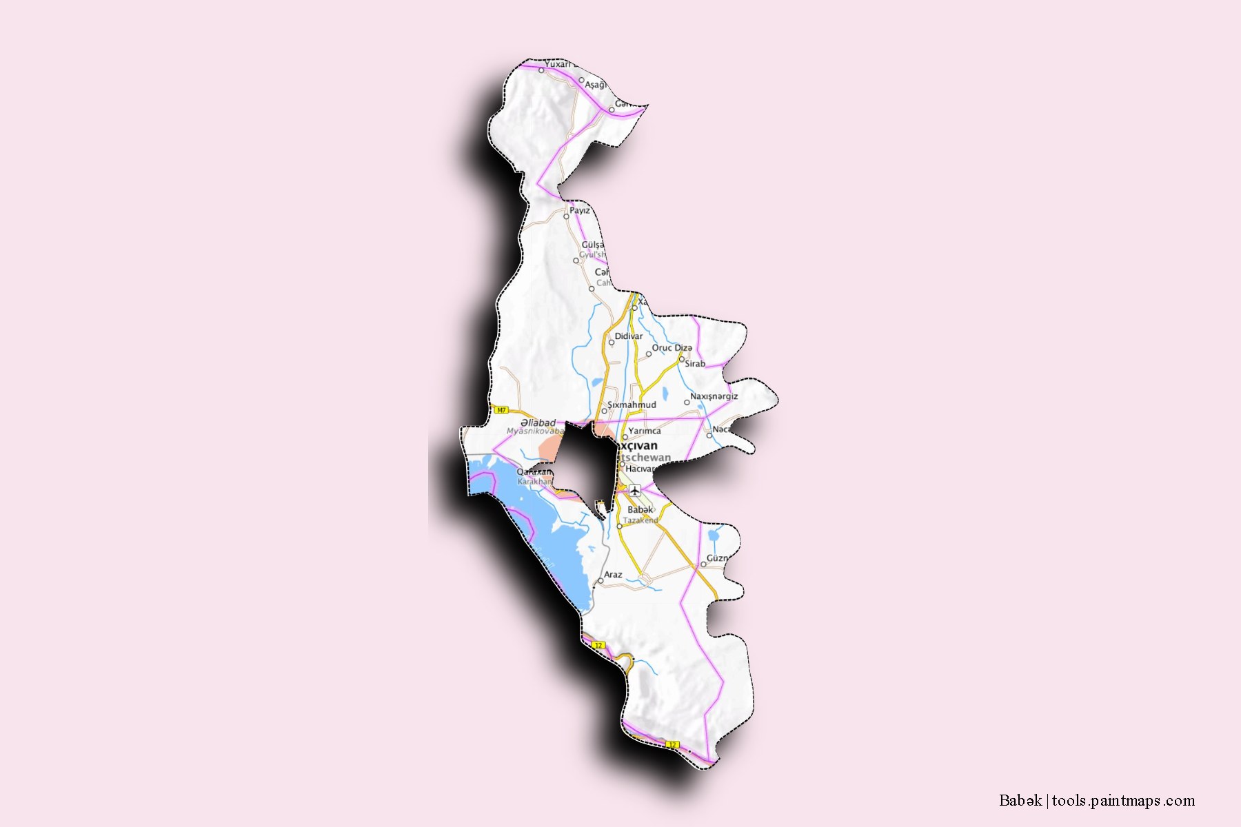 Mapa de Babək y sus distritos con efecto de sombra 3D