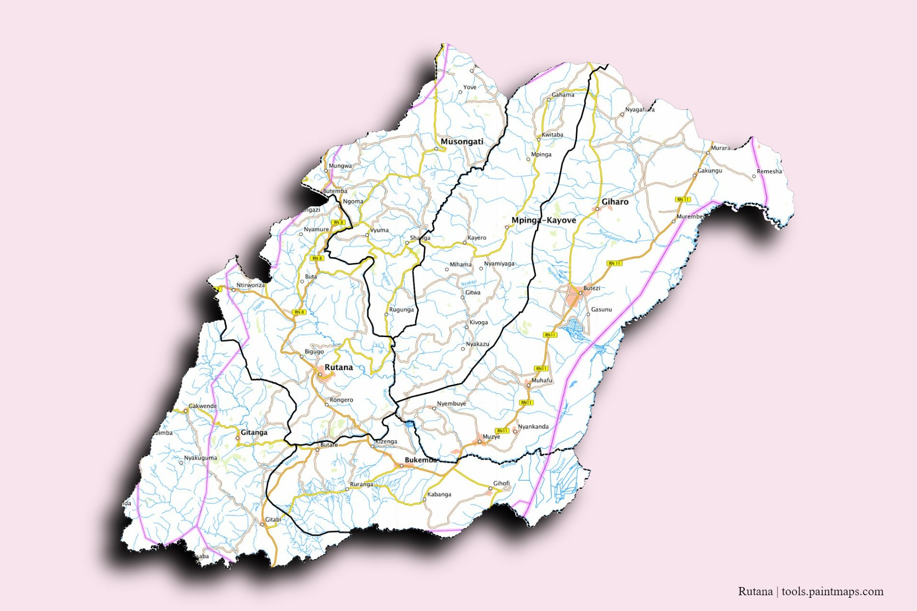 Rutana Province and counties map with 3D shadow effect