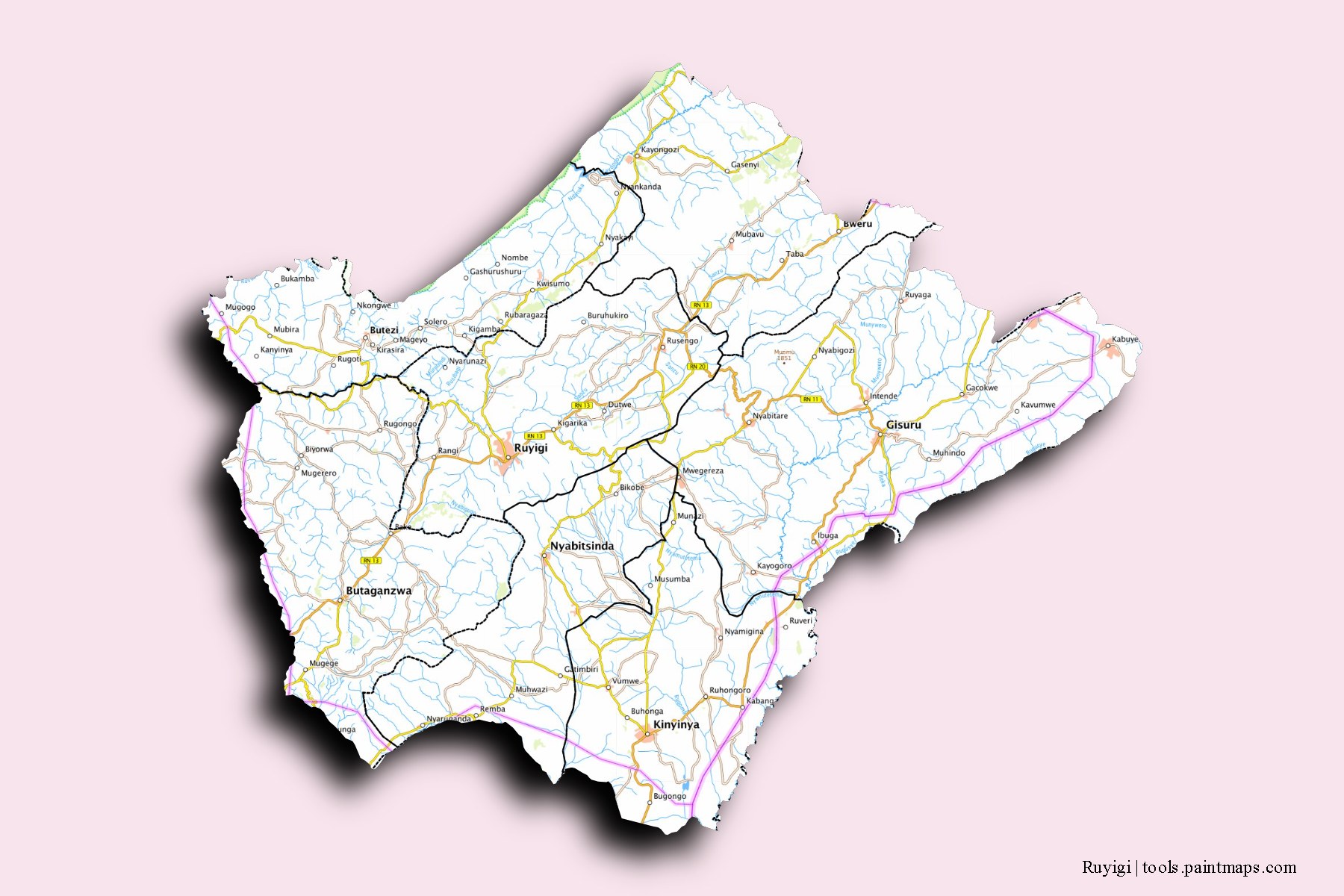 Ruyigi Province and counties map with 3D shadow effect