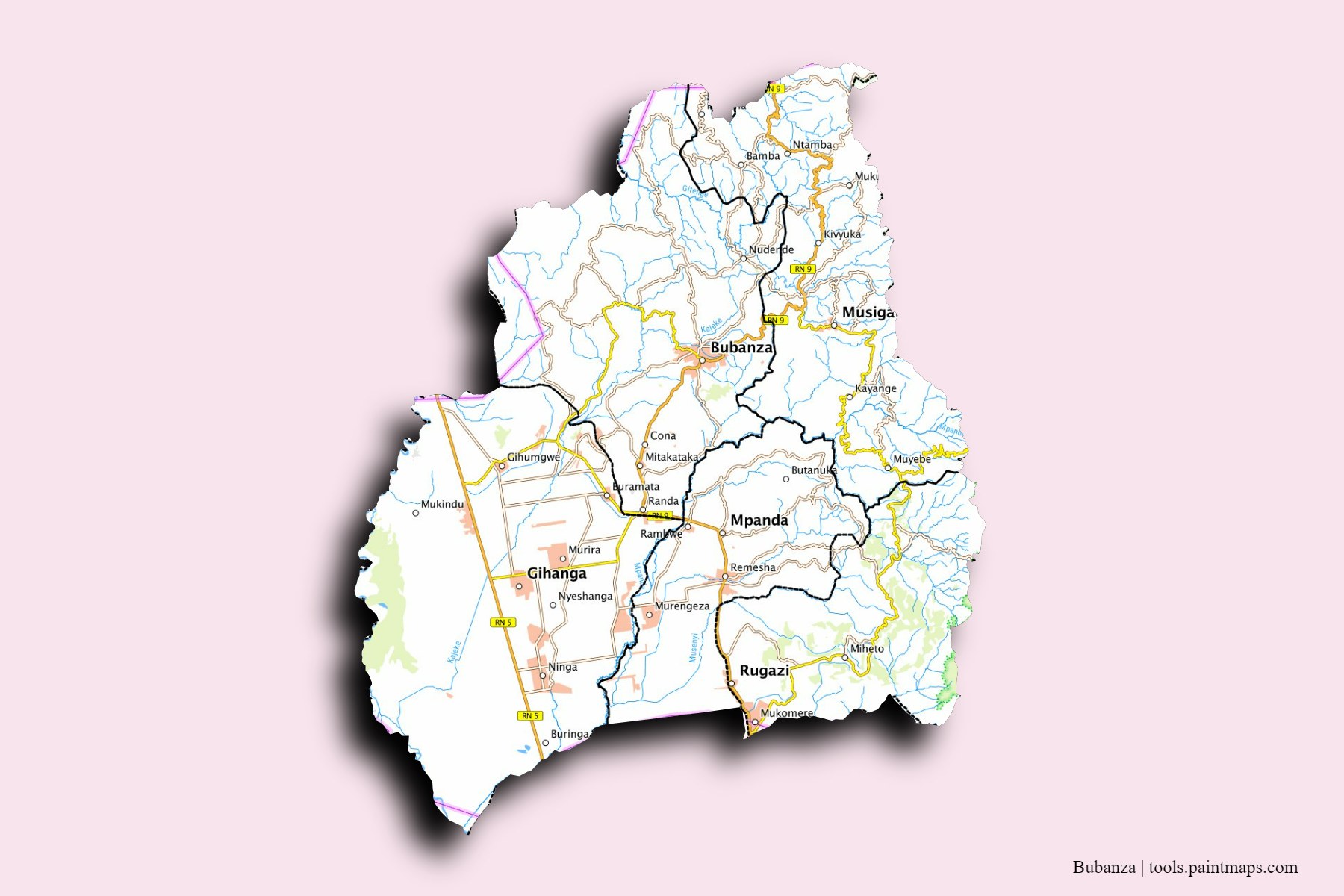 Bubanza Province and counties map with 3D shadow effect