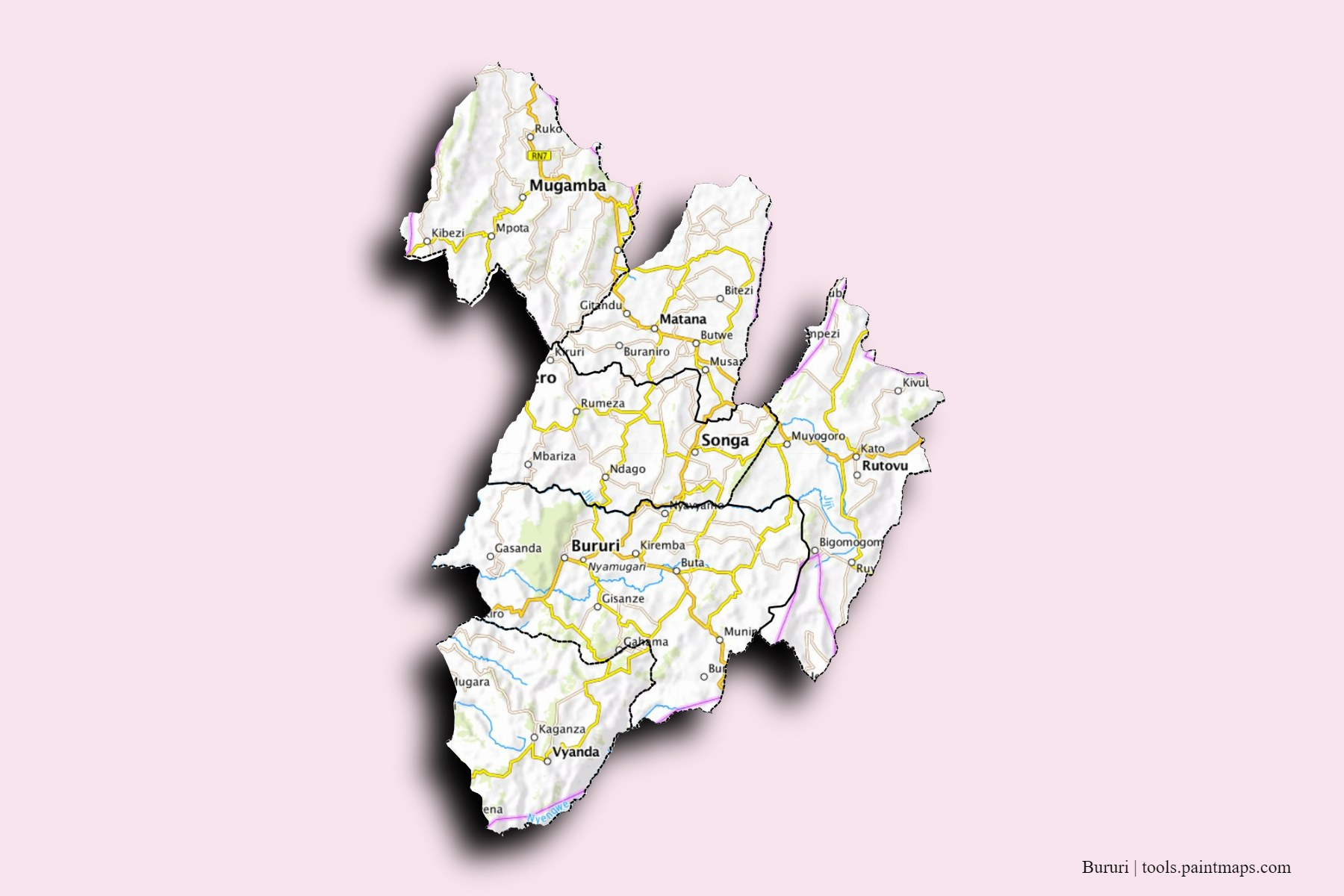 Bururi Province and counties map with 3D shadow effect