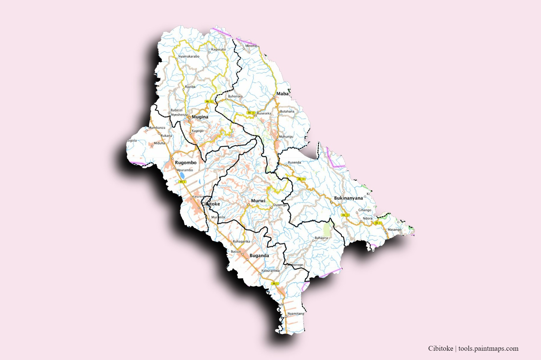 3D gölge efektli Cibitoke Province ve ilçeleri haritası