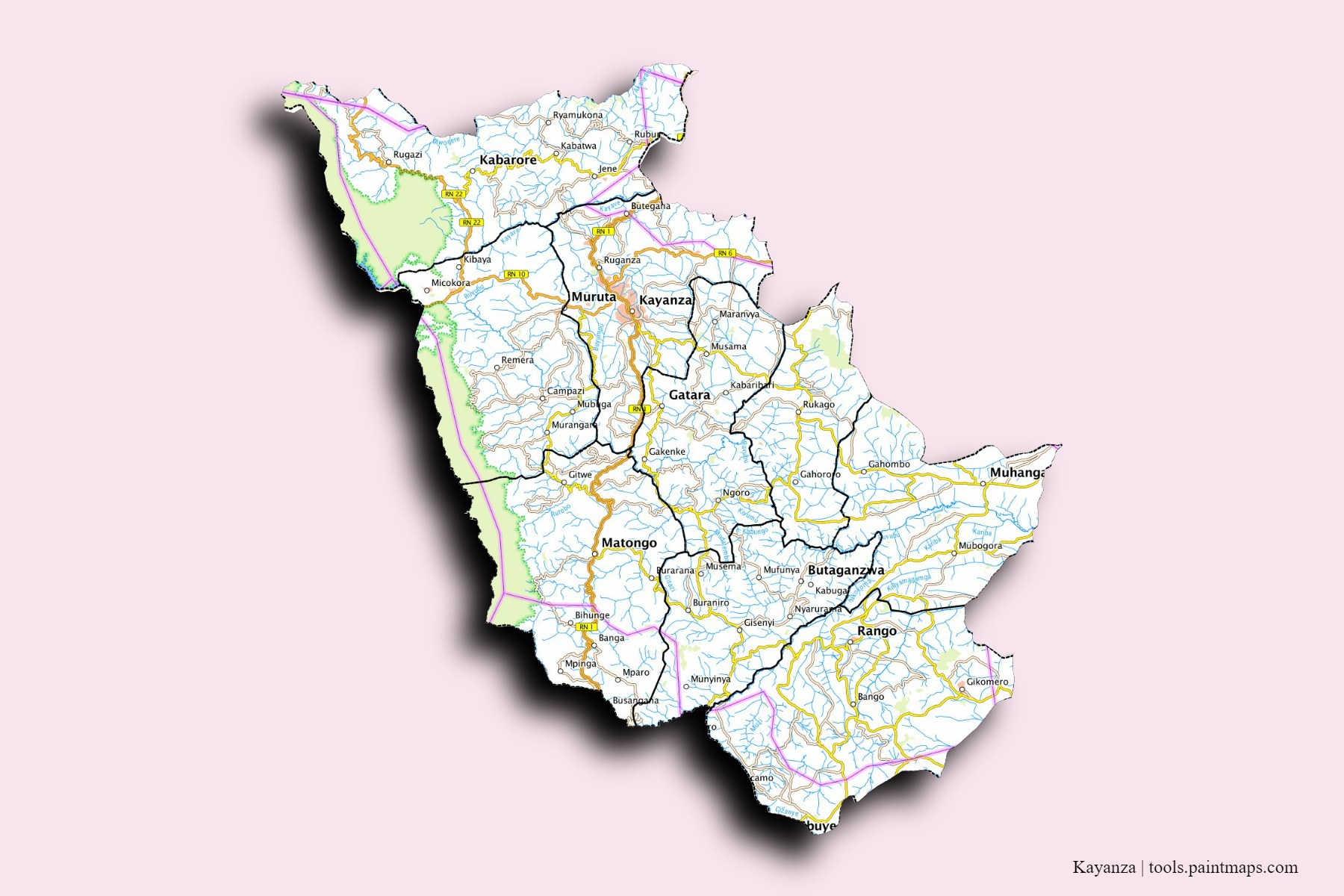 Kayanza Province and counties map with 3D shadow effect