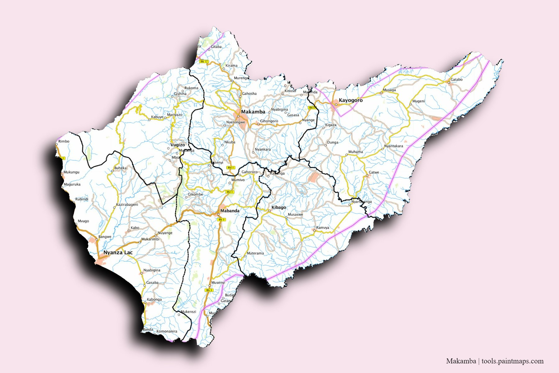 Makamba Province and counties map with 3D shadow effect