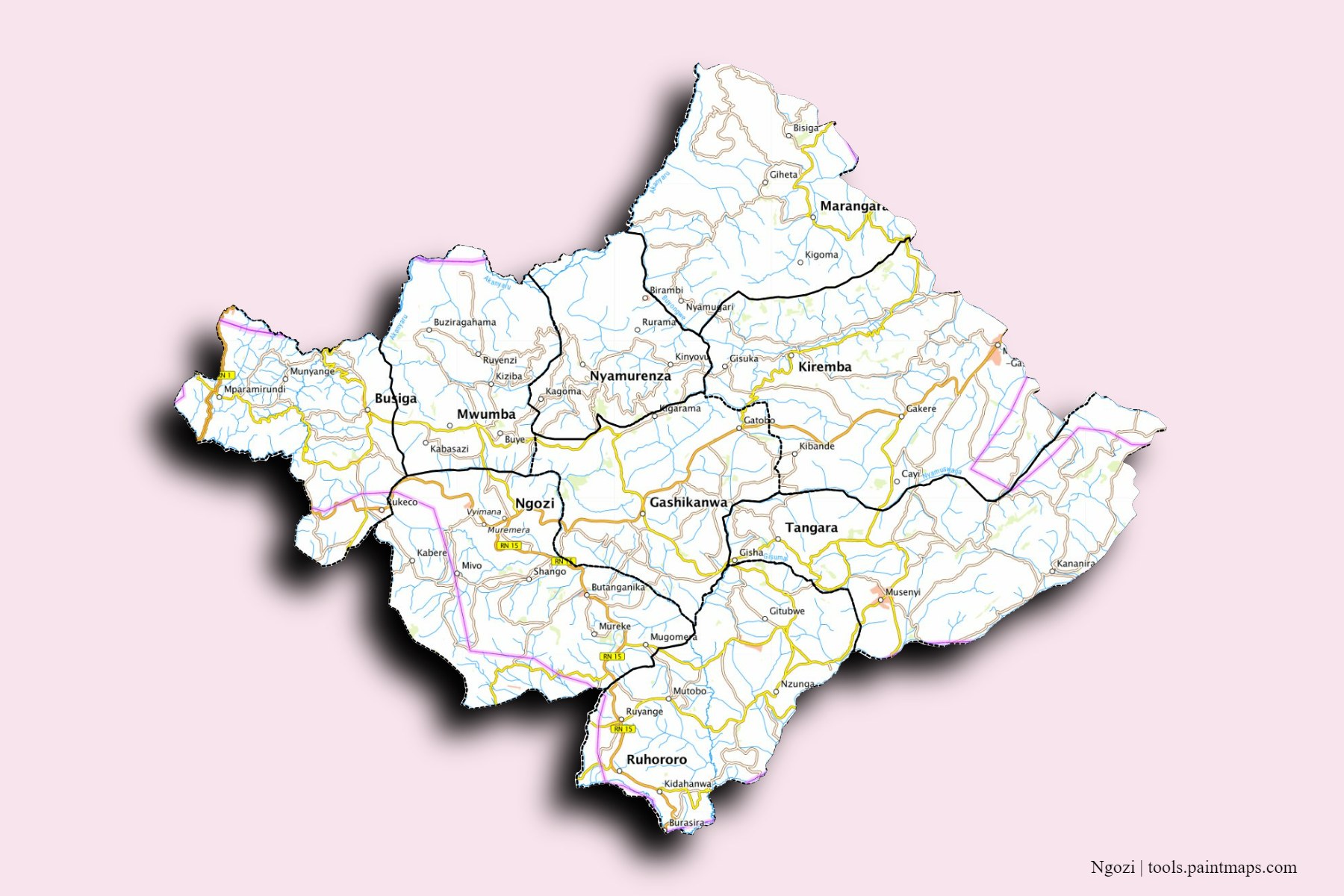 Ngozi Province and counties map with 3D shadow effect