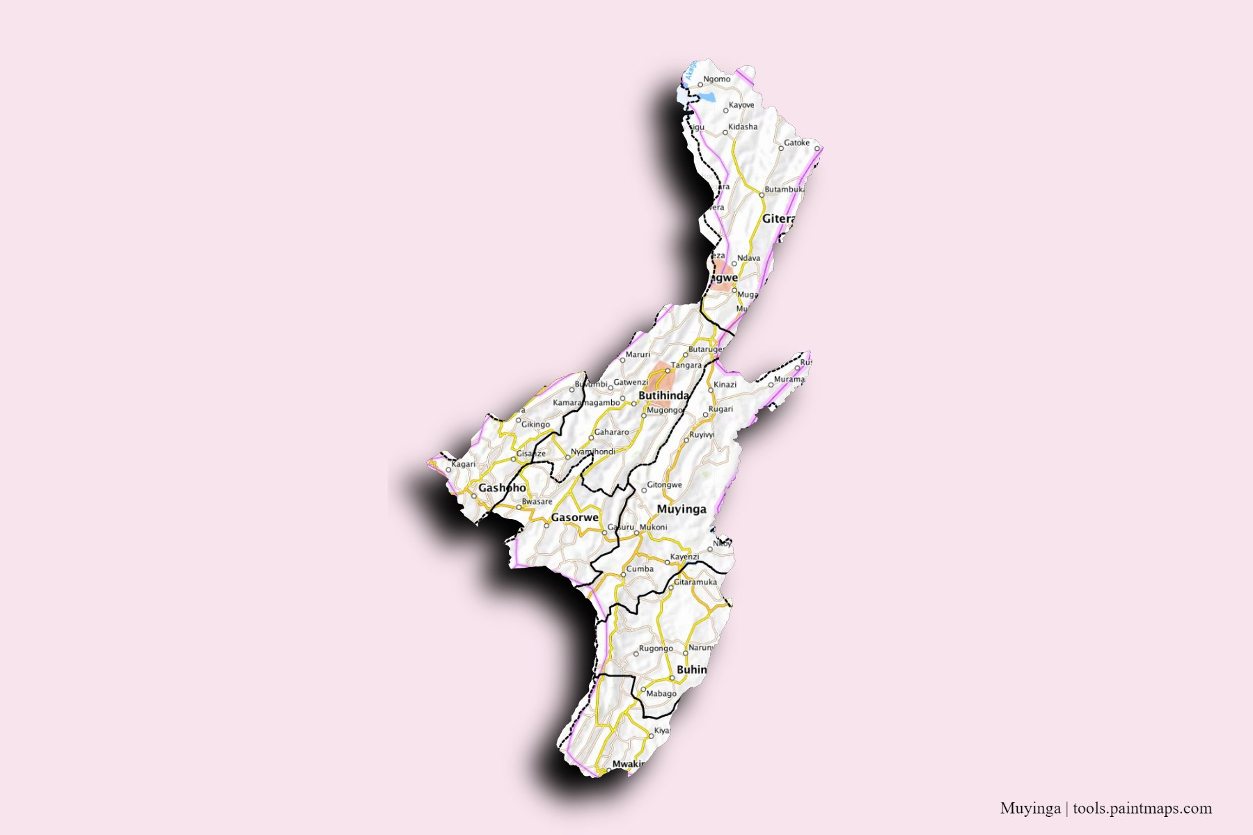 Muyinga Province and counties map with 3D shadow effect