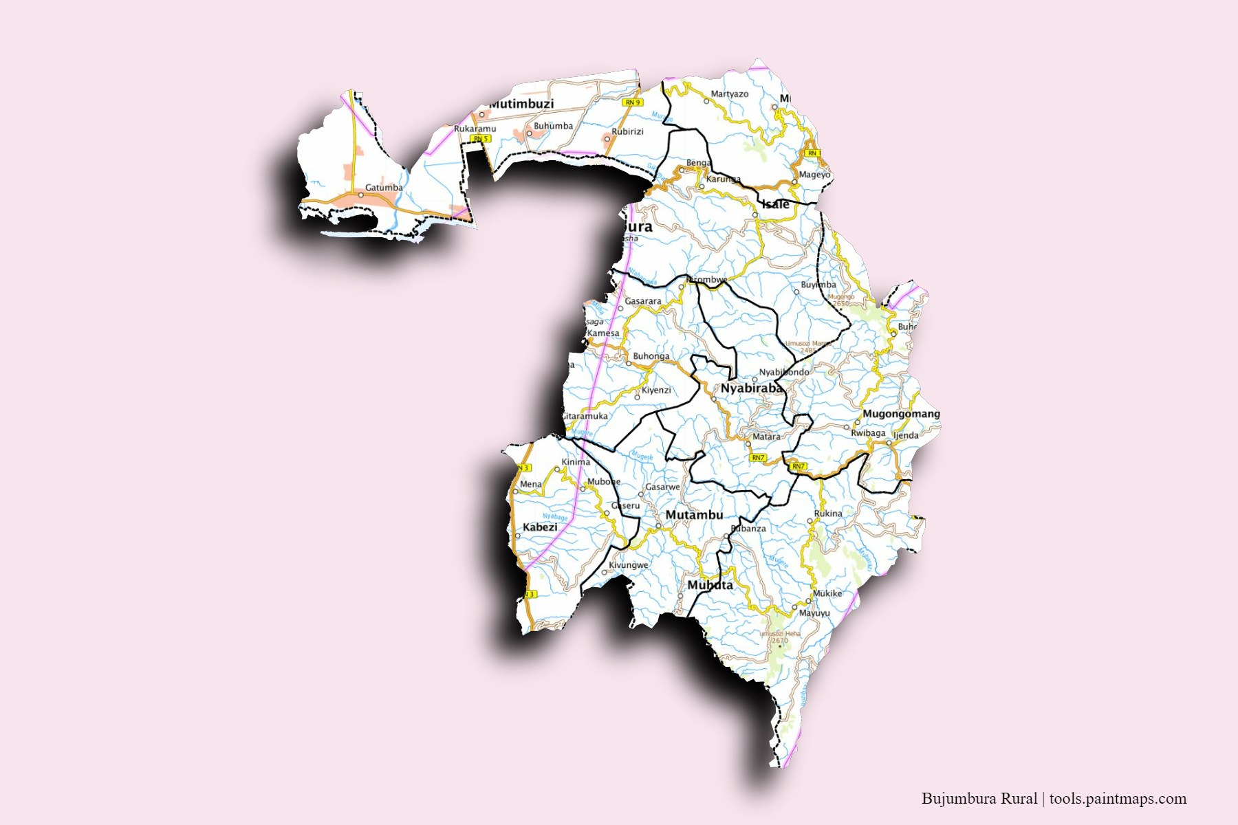 Bujumbura Rural and counties map with 3D shadow effect