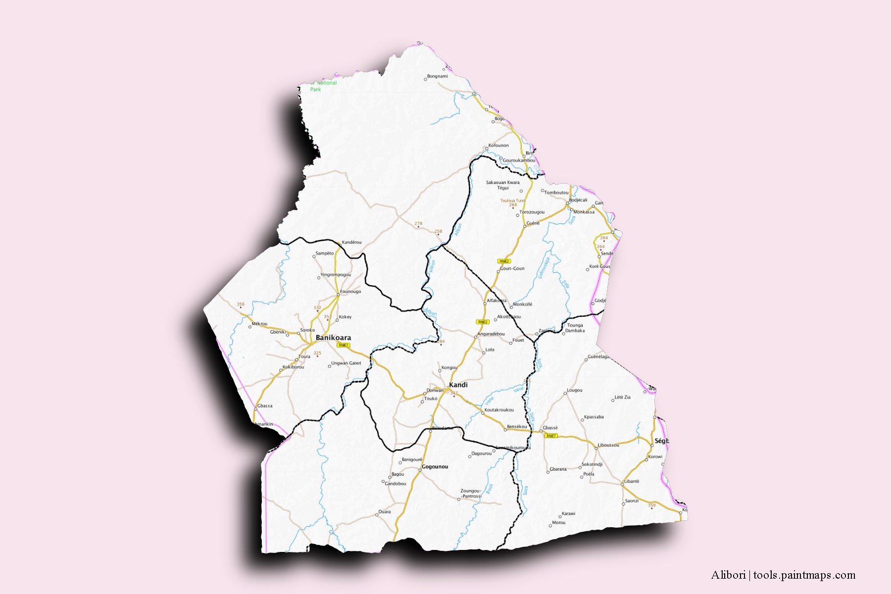 Alibori Department and counties map with 3D shadow effect